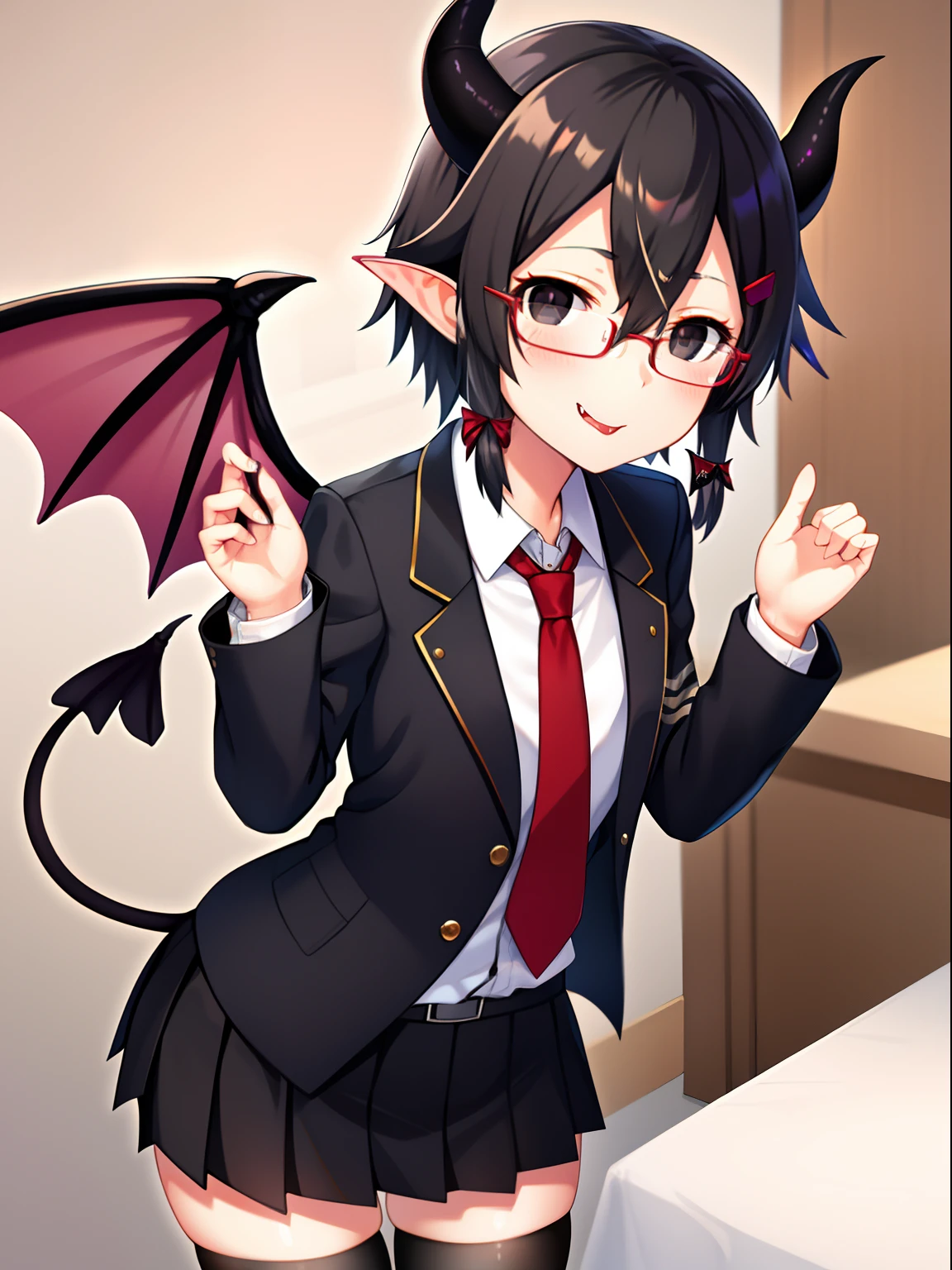Masterpiece, best quality, 1girl, Solo, shino asada, (black eyes:1.5), black hair, hair between eyes, hair ribbon, short hair, sidelocks, glasses, hairclip, blazer, black jacket, black skirt, jacket, necktie, pleated skirt, red necktie, ribbon, school uniform, skirt, tress ribbon, light smile, shiny pupils, eyelash, skinny legs, black tights, boots, stylish pose, from pov, blush, (succubus:1.4), (succubus wings:1.5), (succubus horns:1.5), (succubus tail:1.5), tongue,