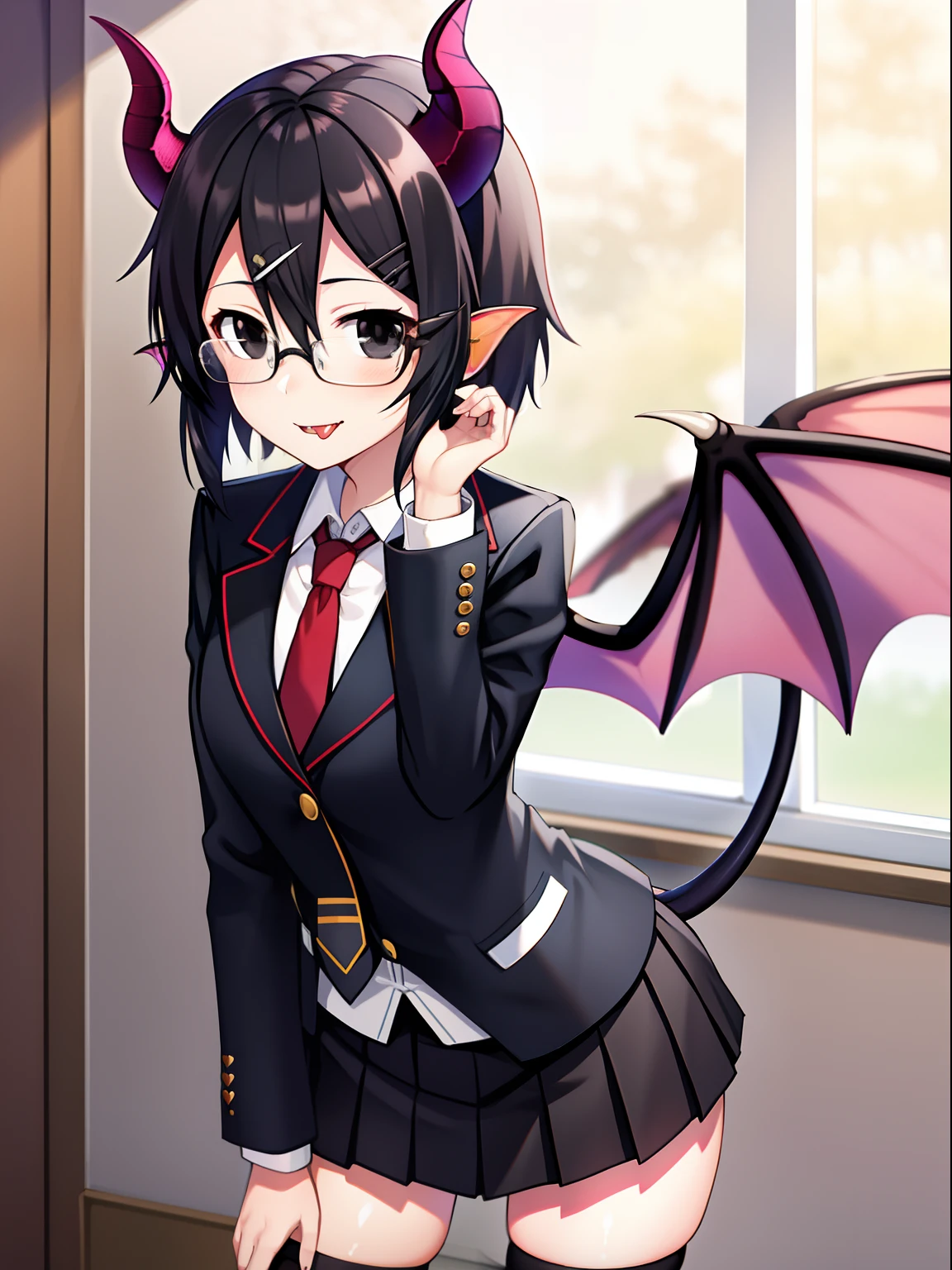 Masterpiece, best quality, 1girl, Solo, shino asada, (black eyes:1.5), black hair, hair between eyes, hair ribbon, short hair, sidelocks, glasses, hairclip, blazer, black jacket, black skirt, jacket, necktie, pleated skirt, red necktie, ribbon, school uniform, skirt, tress ribbon, light smile, shiny pupils, eyelash, skinny legs, black tights, boots, stylish pose, from pov, blush, (succubus:1.4), (succubus wings:1.5), (succubus horns:1.5), (succubus tail:1.5), tongue,
