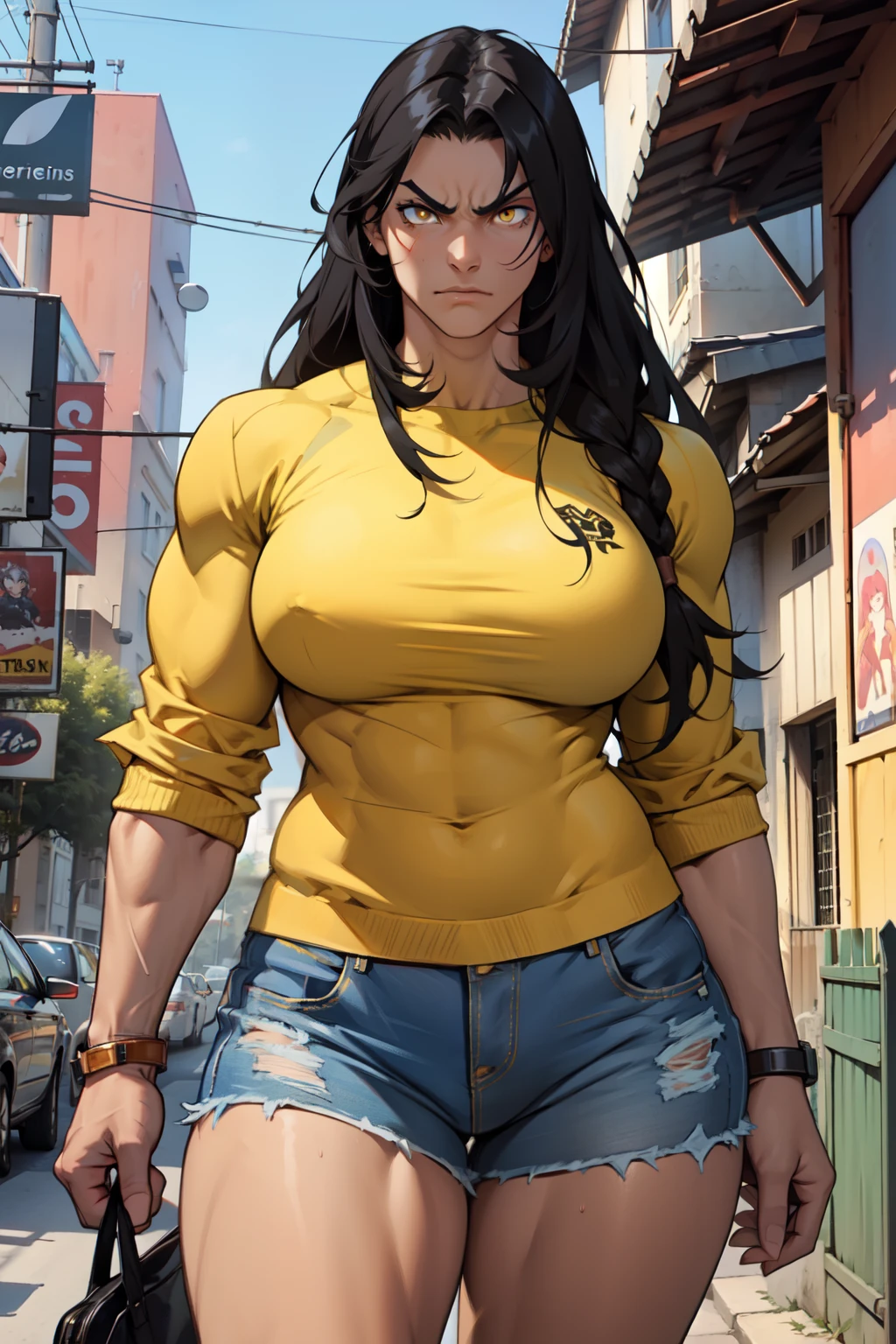 muscular toned body bodybuilder huge breasts black hair yellow eyes angry 1girl cowboy shot curvy very long hair casual clothes