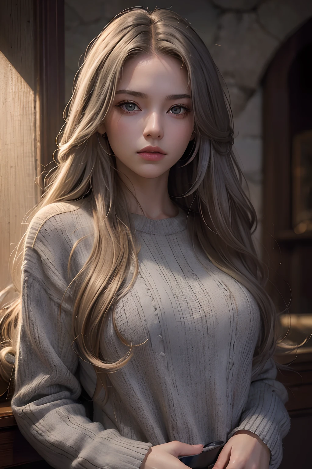 Best quality, masterpiece, ultra high res, (photorealistic:1.4), raw photo, 1girl, long hair, gold hair, detailed eyes and face, grey stone sweater, dynamic lighting, in the dark, deep shadow, low key, cowboy shot