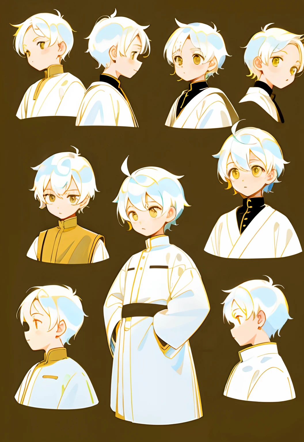 younge boy,multiple postures and expressions,White color hair,Golden eyes,Children's book illustration style,، simple,adolable,full-color,flatcolors,