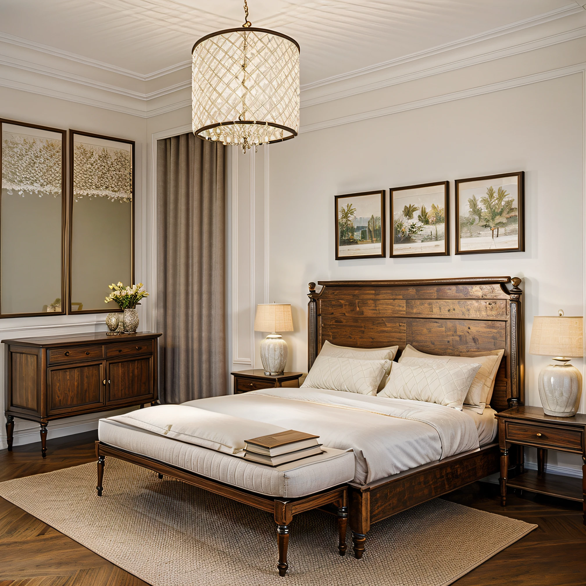 indochine bedroom interior design, a bedroom with bed, lamp, rug, flower vase, pillow, bench, chandelier, herringbone floor, (rustic wood furnitures), picture frame, wall painted picture backside of bed, pillow, book, lamp, day, 8k uhd, dslr, soft lighting, high quality, film grain, Fujifilm XT3