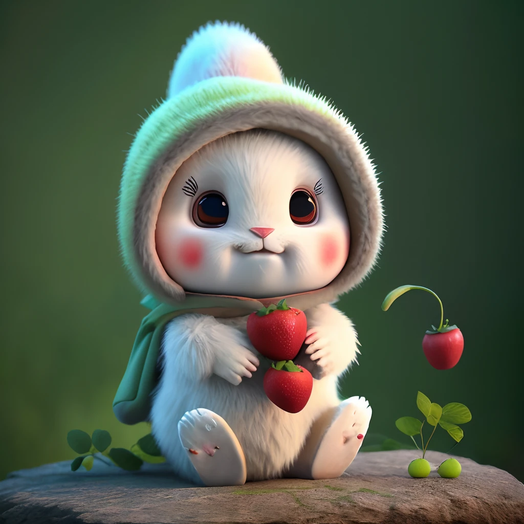 : 3. Rabbit, realistic, hairy, dressed beast, apple, dark circles, blush, cherry, food, fruit, whole body, hat, non-human, strawberry, tomato, watermelon