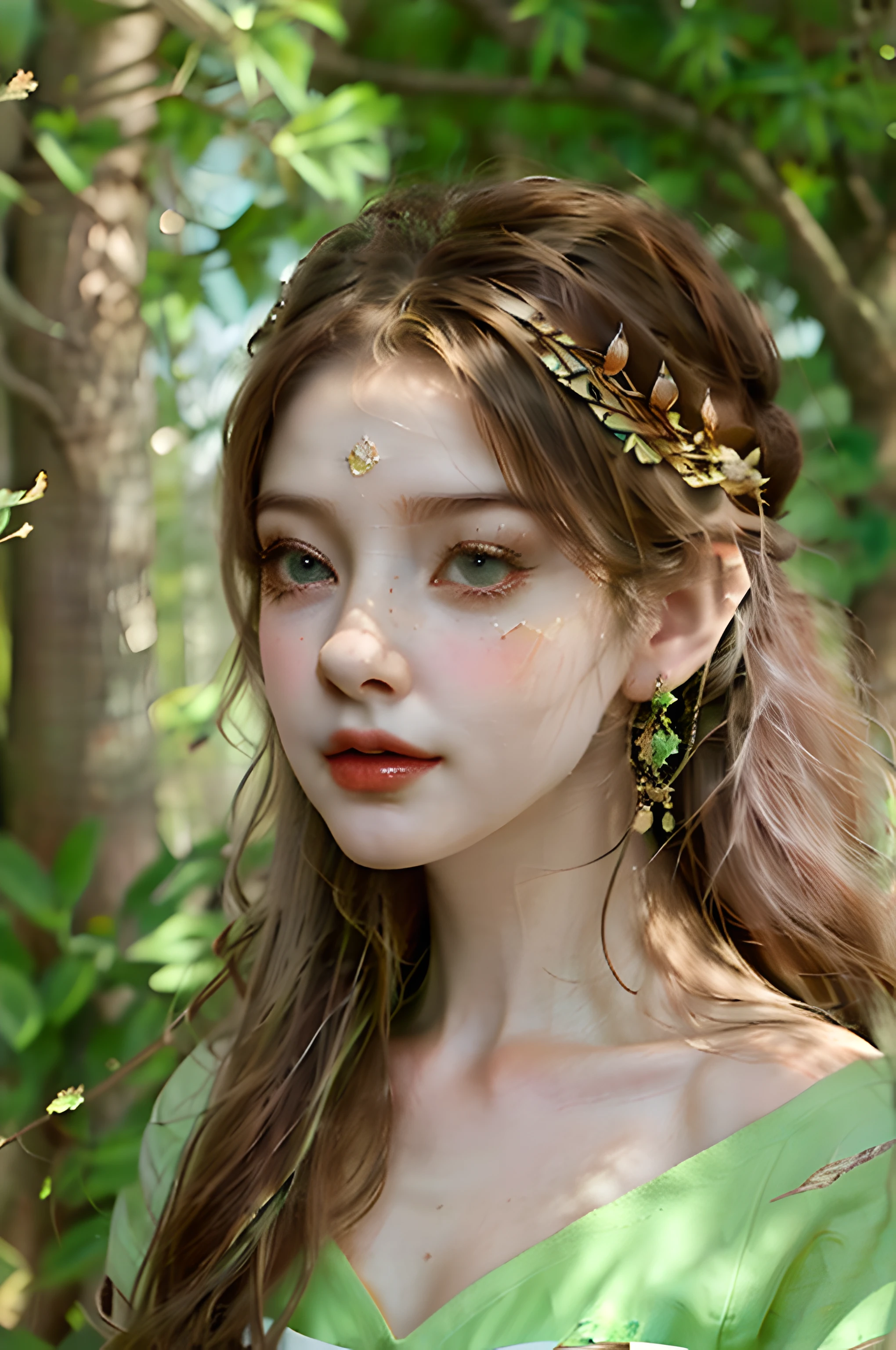 Ultra-detailed 8k image of a clearly female forest gnome, brimming with natural allure, (Mushroom hat), Her unkempt hair, streaked with shades of green and brown, is adorned with the treasures of the forest. A large mushroom hat, symbolic of her forest gnome lineage, crowns her head. Her captivating pale yellow-green eyes reflect her innate curiosity. The scene, set in a dark fantasy woodland, is rendered with cinematic depth and detail. Hyper Realistic