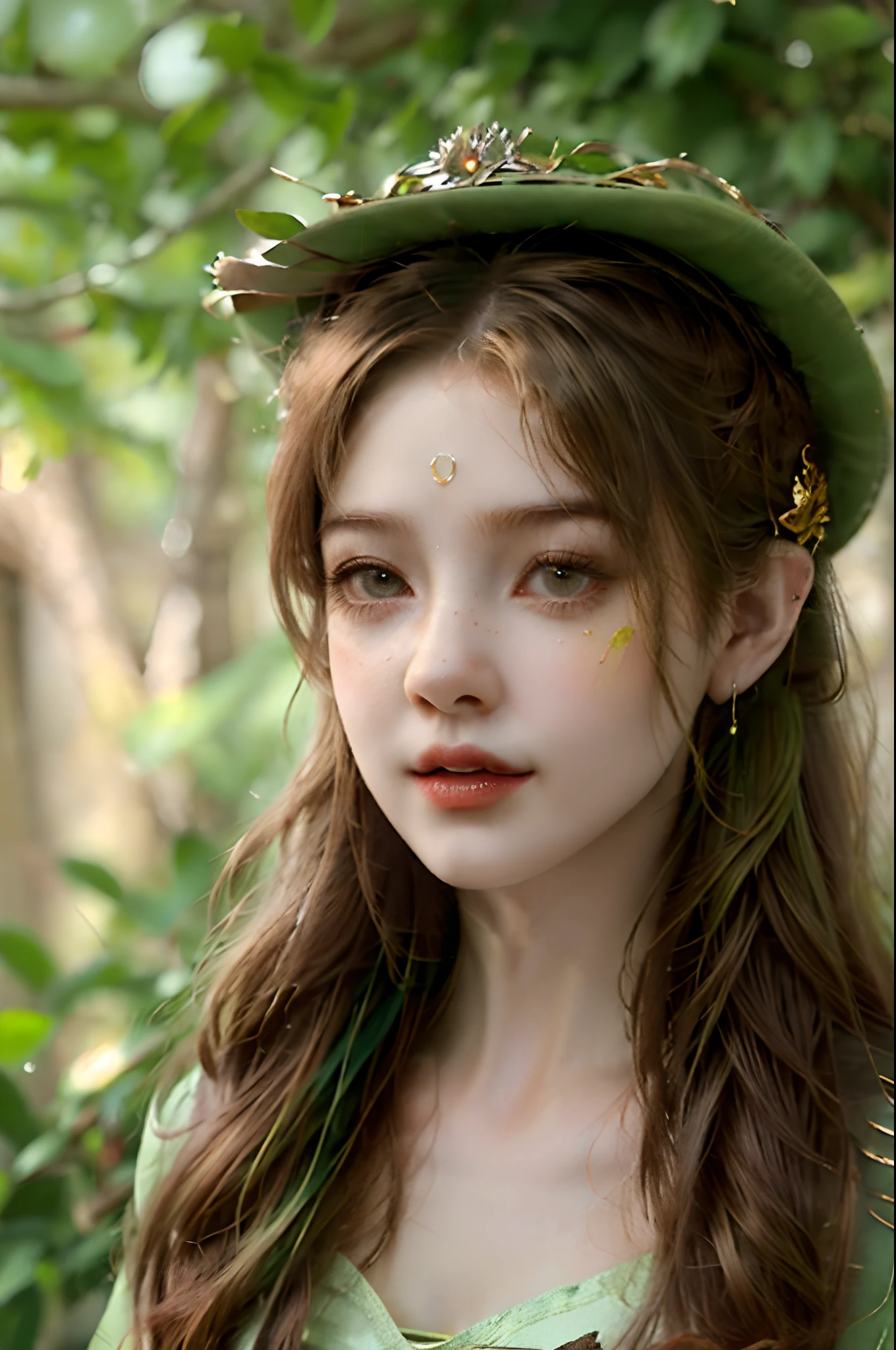 Ultra-detailed 8k image of a clearly female forest gnome, brimming with natural allure. Her unkempt hair, streaked with shades of green and brown, is adorned with the treasures of the forest. A large mushroom hat, symbolic of her forest gnome lineage, crowns her head. Her captivating pale yellow-green eyes reflect her innate curiosity. The scene, set in a dark fantasy woodland, is rendered with cinematic depth and detail. Hyper Realistic