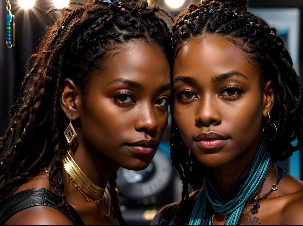 Two women with dreadlocks posing for a photo in a studio, dunkler Teint, Dunkle Haut, Schwarze Haut, beautiful gemini twins portrait, braune Haut. leichtes Make-up, braune Haut wie Erde, dark-skinned, braune Haut, Schwarze Haut!!!, dunkler Hautton, ( ( Dunkle Haut ) ), dark-skinned, Braunhäutig, Dunkler, Natural shine, Afrofuturistisch