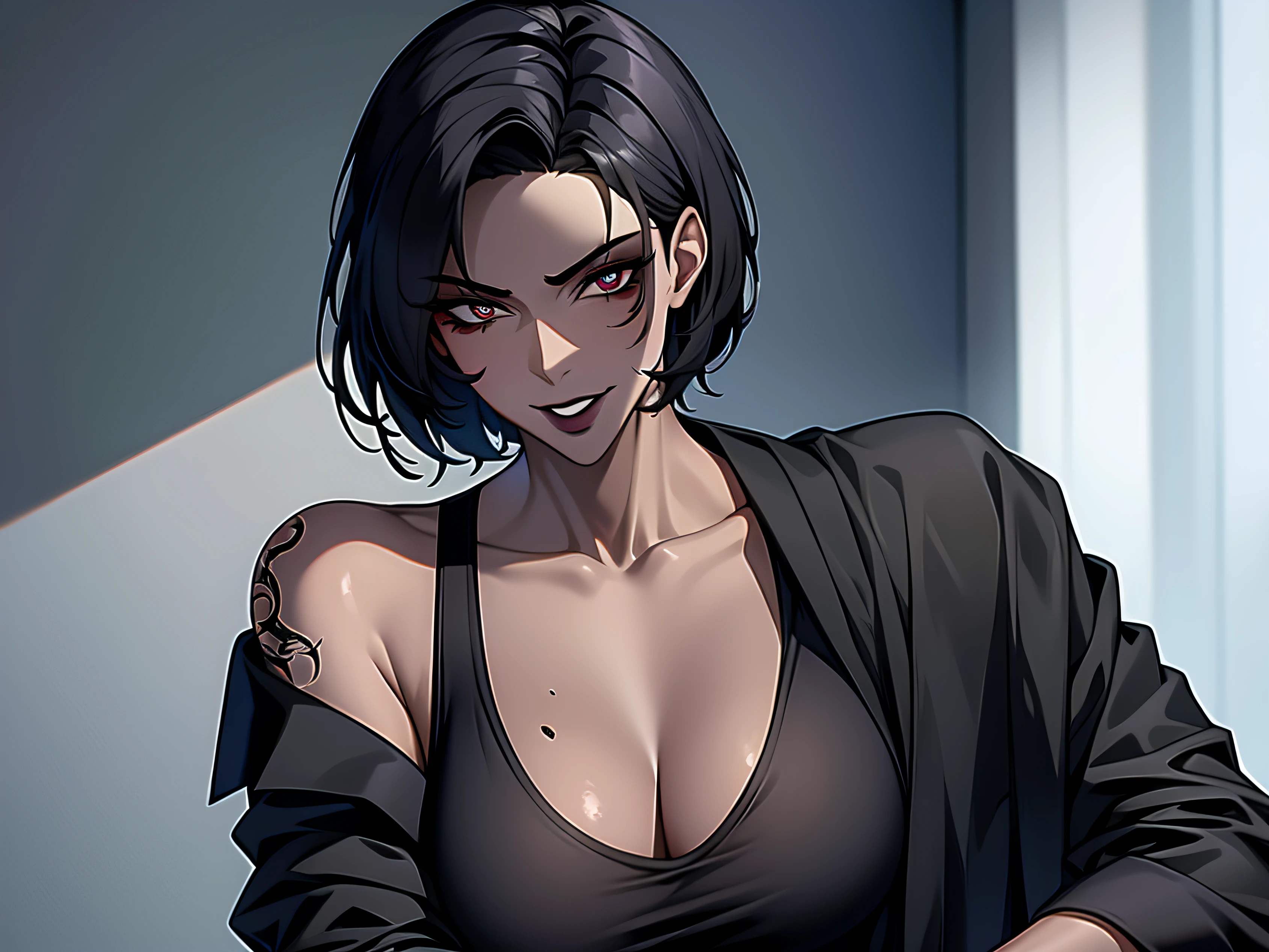 1girl,dark skin female,mature female,evil smile, black hair,black lipstick,fade high top haircut,tattoos,tank top,jacket,trousers,(masterpiece,best quality,UHD),parted lips