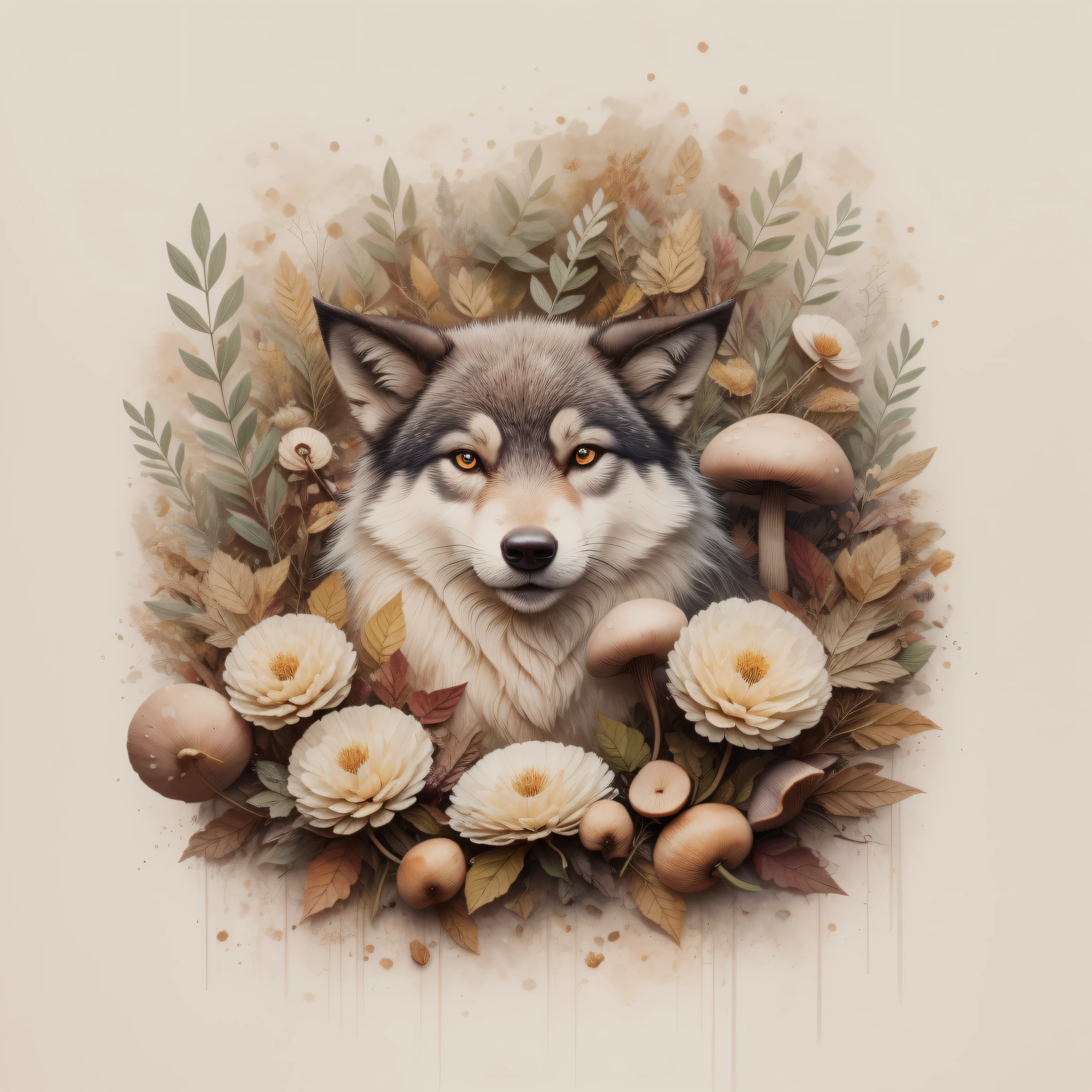 There's a wolf in a pile of leaves and mushrooms, conejo caprichoso, Ethereal Wolf, por Jeka Kemp, Beautiful autumn spirit, autumn, Wolf illustration, por Andrée Ruellan, lindo lobo, por Caroline Chariot-Dayez, Animal conejo, Teniente Zofia Stryjenska, El encantador lobo peludo, Inspirado en Nicoletta Ceccoli