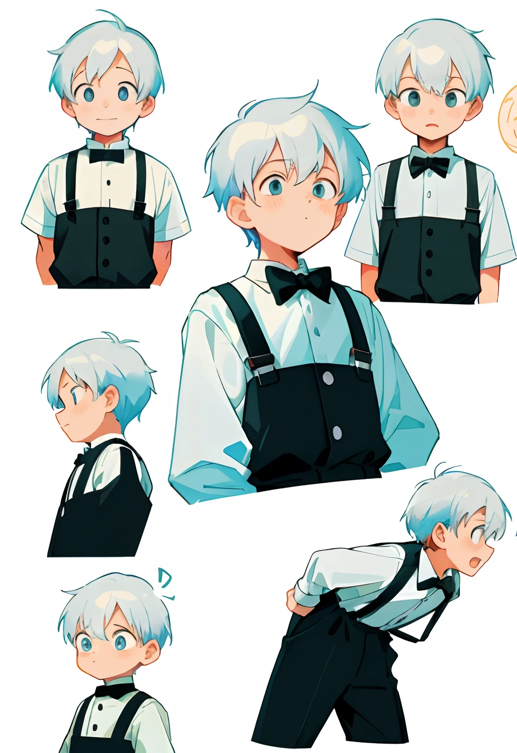 younge boy，multiple postures and expressions，Children's book illustration style，، simple，adolable，full-color，Black suspenders，white color hair，flatcolors，