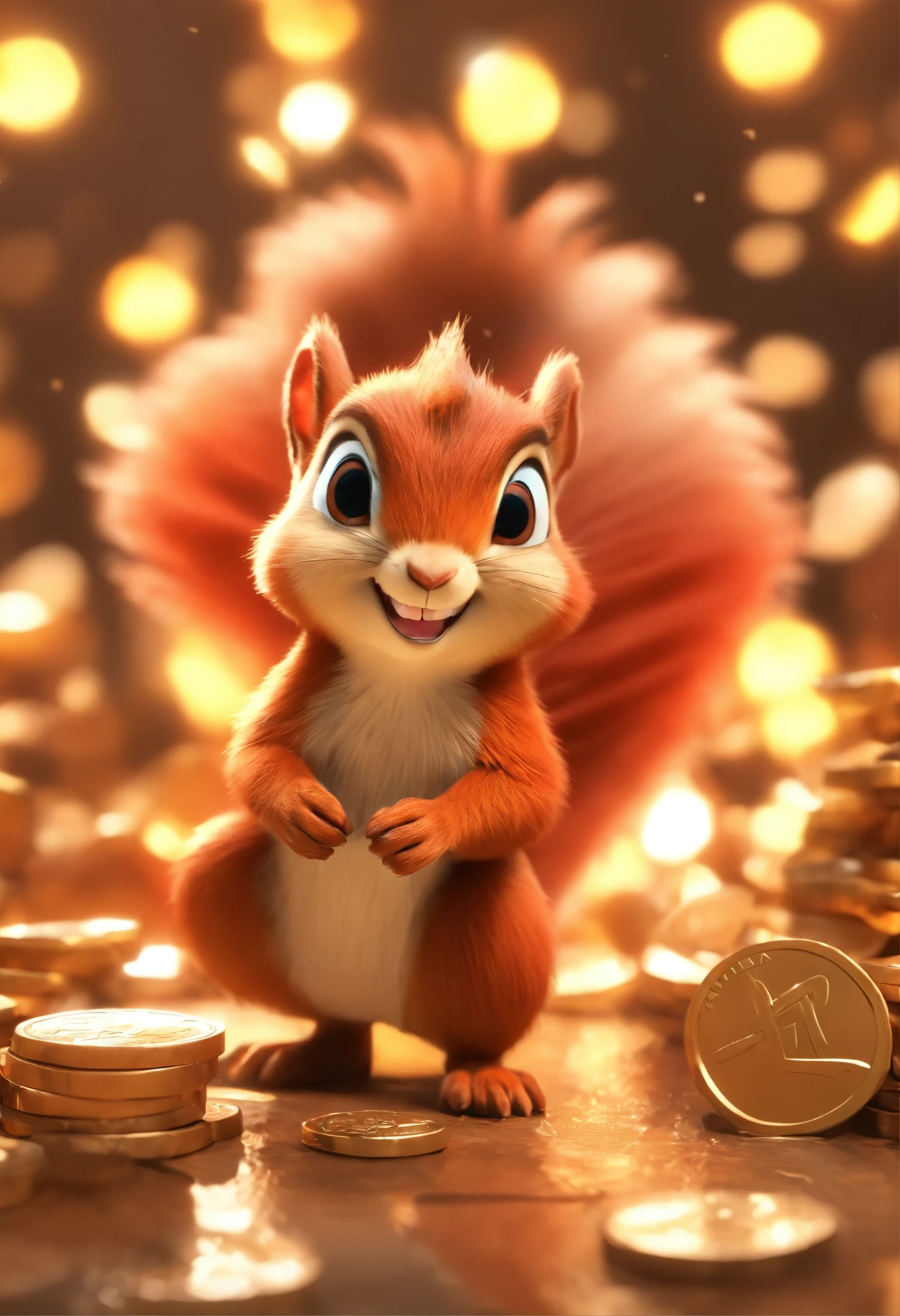 （Pixar style),A small squirrel，A small red dinosaur，chests，Pedras preciosas、gold coins，Miniature character model, Light source from right to left, Rum lighting, Light source from right to left, Realistic proportions, Post-processing, ((Orthogonal perspective)), Super detail, Realistic, Super realistic, photoreal render,