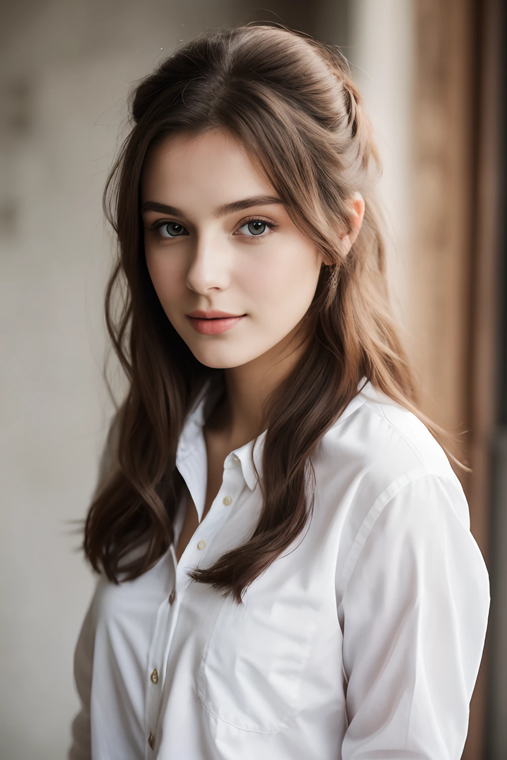 portrait, 20yo brunette german girl, sultry flirty look, wearing a white shirt, messy bun, 8k, best quality, masterpiece, (looking into camera:1.3), photograph, (beautiful)