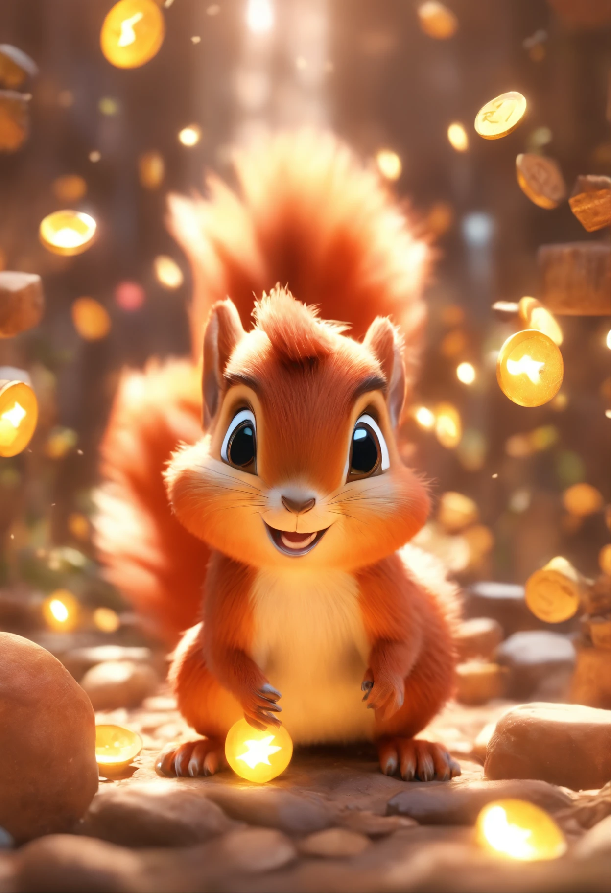(Pixar style),A small squirrel,A small red dinosaur,chests,Pedras preciosas、gold coins,Miniature character model, Light source from right to left, Rum lighting, Light source from right to left, Realistic proportions, Post-processing, ((Orthogonal perspective)), Super detail, Realistic, Super realistic, photoreal render,