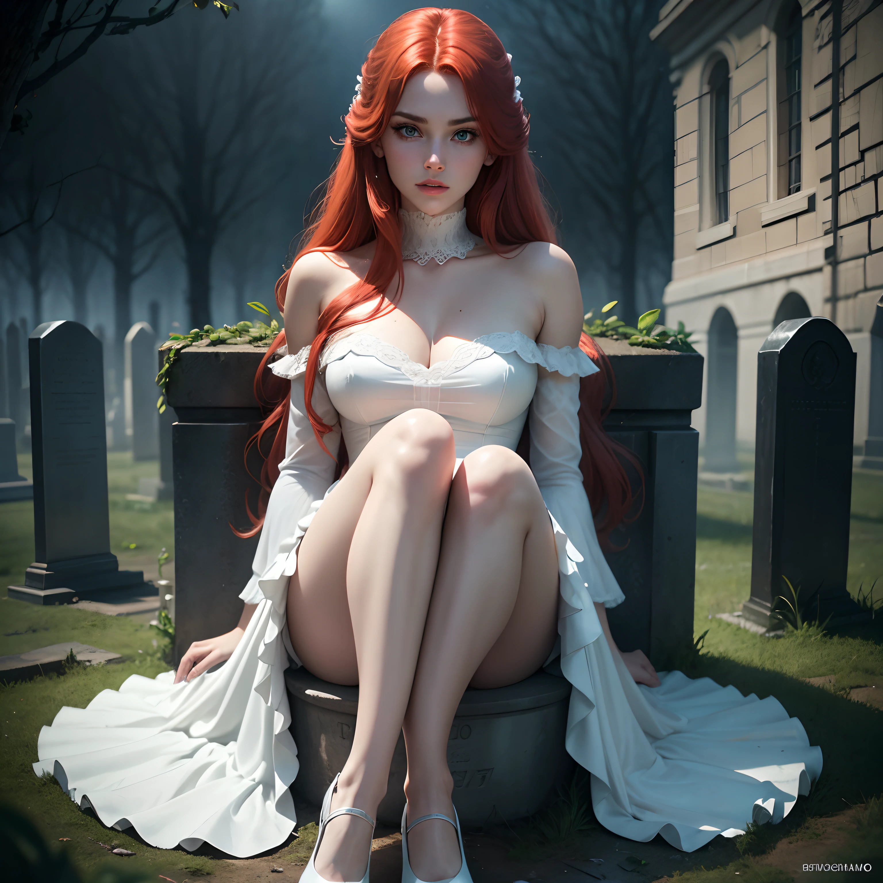 Movie footage of Mario Bava's horror movie, Full Medium Close-up, Gorgeous 18-year-old woman resembling Bella Thorne, long red hair, soft pale skin, Pretty and young々Shishi Face, Well-defined eyebrows, Light blue eyes, delicate nose, plump round lips, thin and long legs,White high heels,Walk through the Gothic cemetery at night in a white wedding middle dress, Foggy and rainy conditions, Ghostly atmosphere, 1600s, (high skin detail: 1.2), Ultra-detailed, Photorealsitic, depth of fields, Cinematic lighting, IMAX Camera, nffsw, nffsw, Full-HD, 8K,Sitting in a tattered chair,Sitting on the grave,,