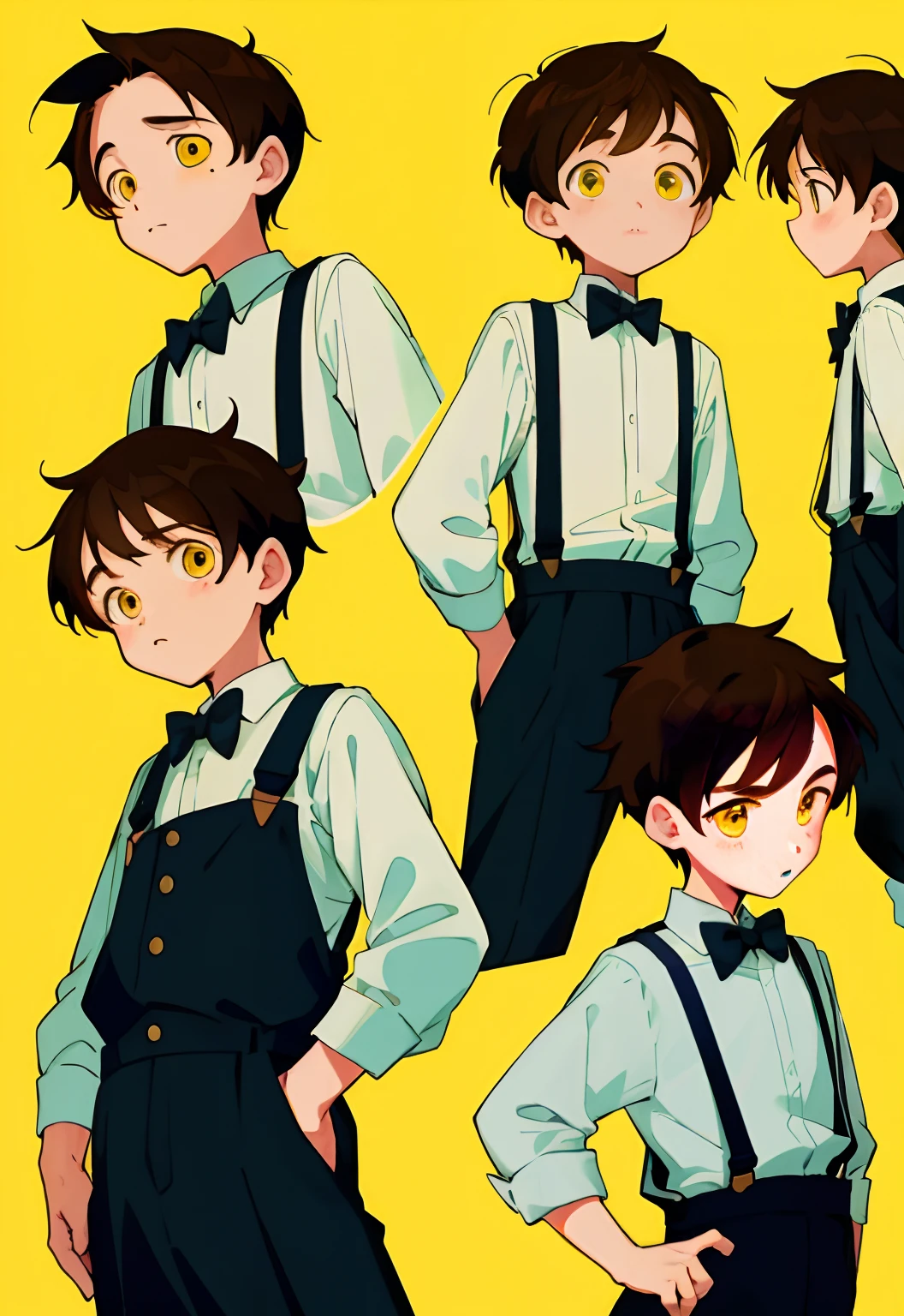 younge boy，multiple postures and expressions，Children's book illustration style，، simple，adolable，full-color，Black suspenders，brown  hair，Yellow eyes，flatcolors，