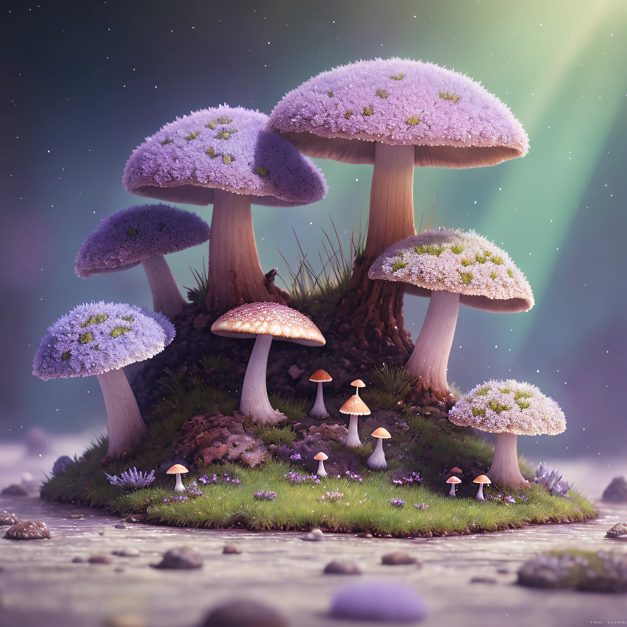 A cozy vintage little cute fungus oil painting, On the icy planet, in a，llight rays，Edge light lavender haze, Octane rendering of Weta numbers, Exotic colored pastels, Ray traced lighting and reflections by Yoji Shinkawa