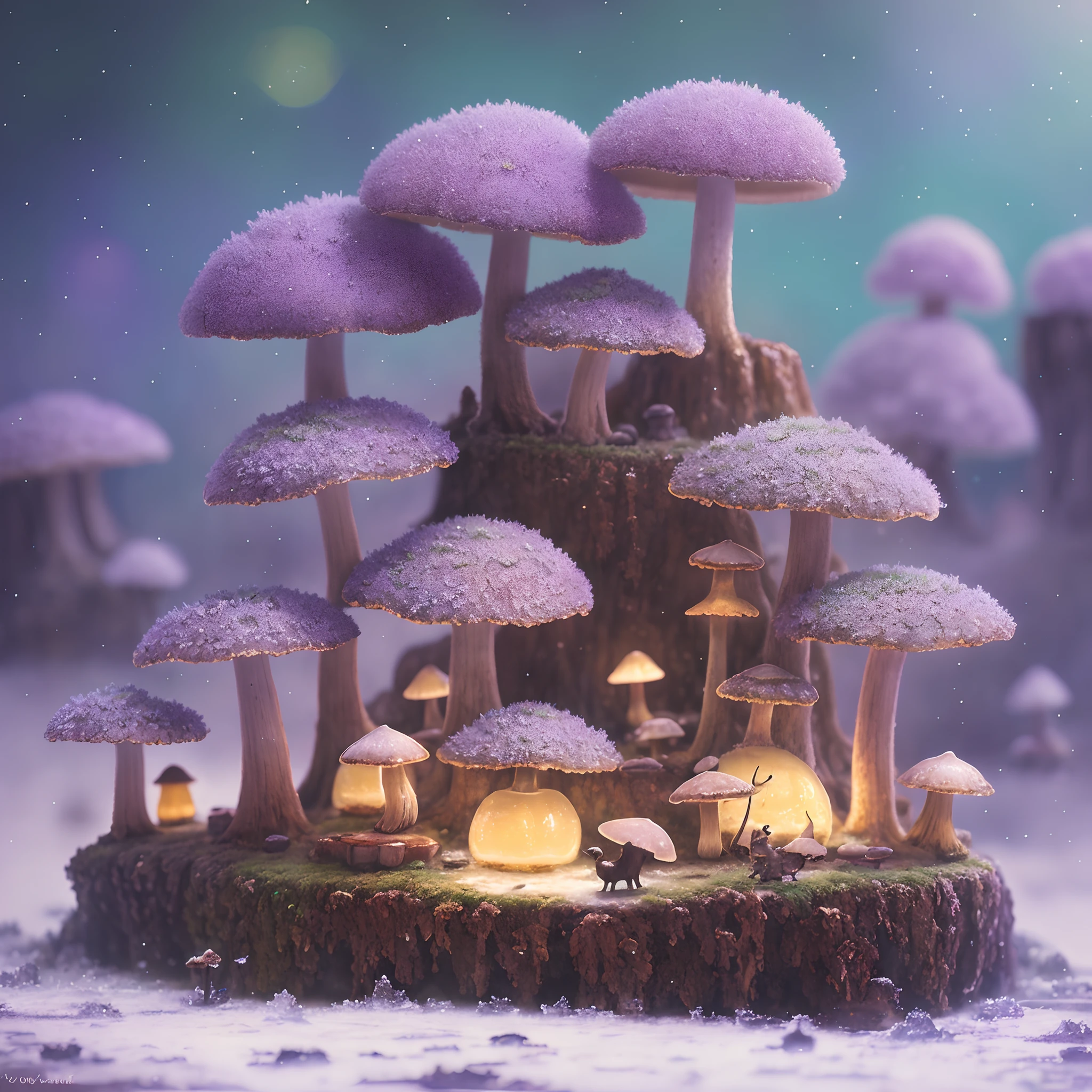 A cozy vintage little cute fungus oil painting, On the icy planet, in a，llight rays，Edge light lavender haze, Octane rendering of Weta numbers, Exotic colored pastels, Ray traced lighting and reflections by Yoji Shinkawa