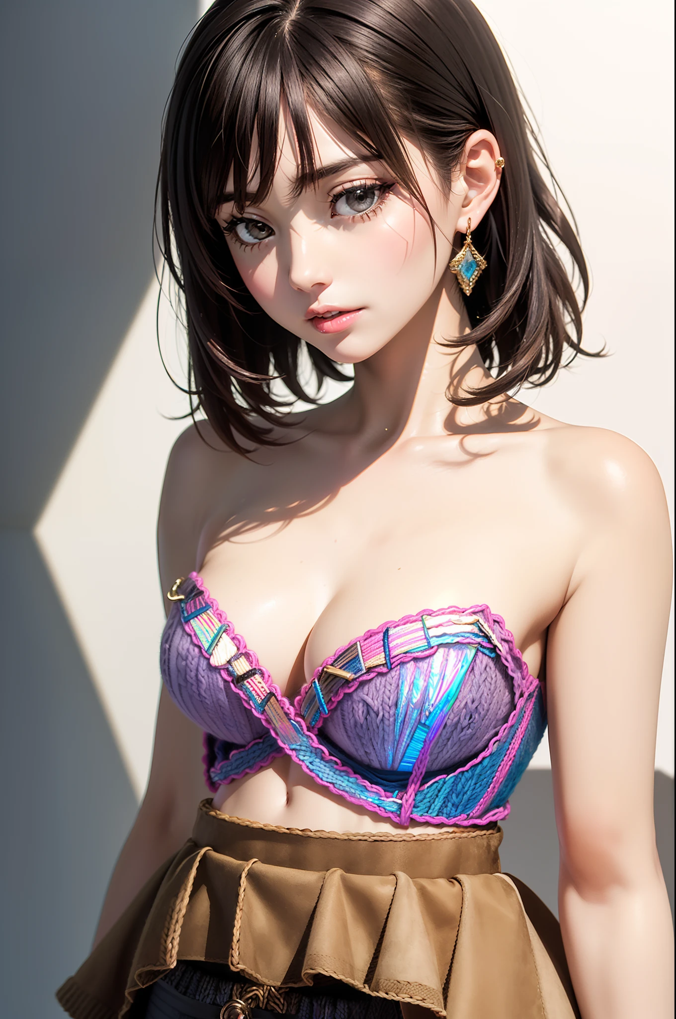 (typography, lettering art:1.2), (hologram batafly effect:1.3),
BREAK
realistic, super photo realistic illustration, highres, ultla detailed, absurdres,
extremely beautiful lady standing, (upper body:1.3),
((light brown colored wavy layered bob:1.2),(aAsymmetrical slanted bangs:1.2)), medium chest,(detailed clear purple eyes), smie,
BREAK
(woolen knit sweeter:1.8),
(layered (woolen knit:1.1) bustier:1.8),
(ultra detailed embroidery wrapped around suede (layered medium skirt:1.5):1.5),
(ultra detailed embroidery wide belt with jewelries:1.2),
(ultra detailed embroidery knee-high boots decorated with jewelries and gems:1.3),
pierce,
BREAK
(white background:1.2),