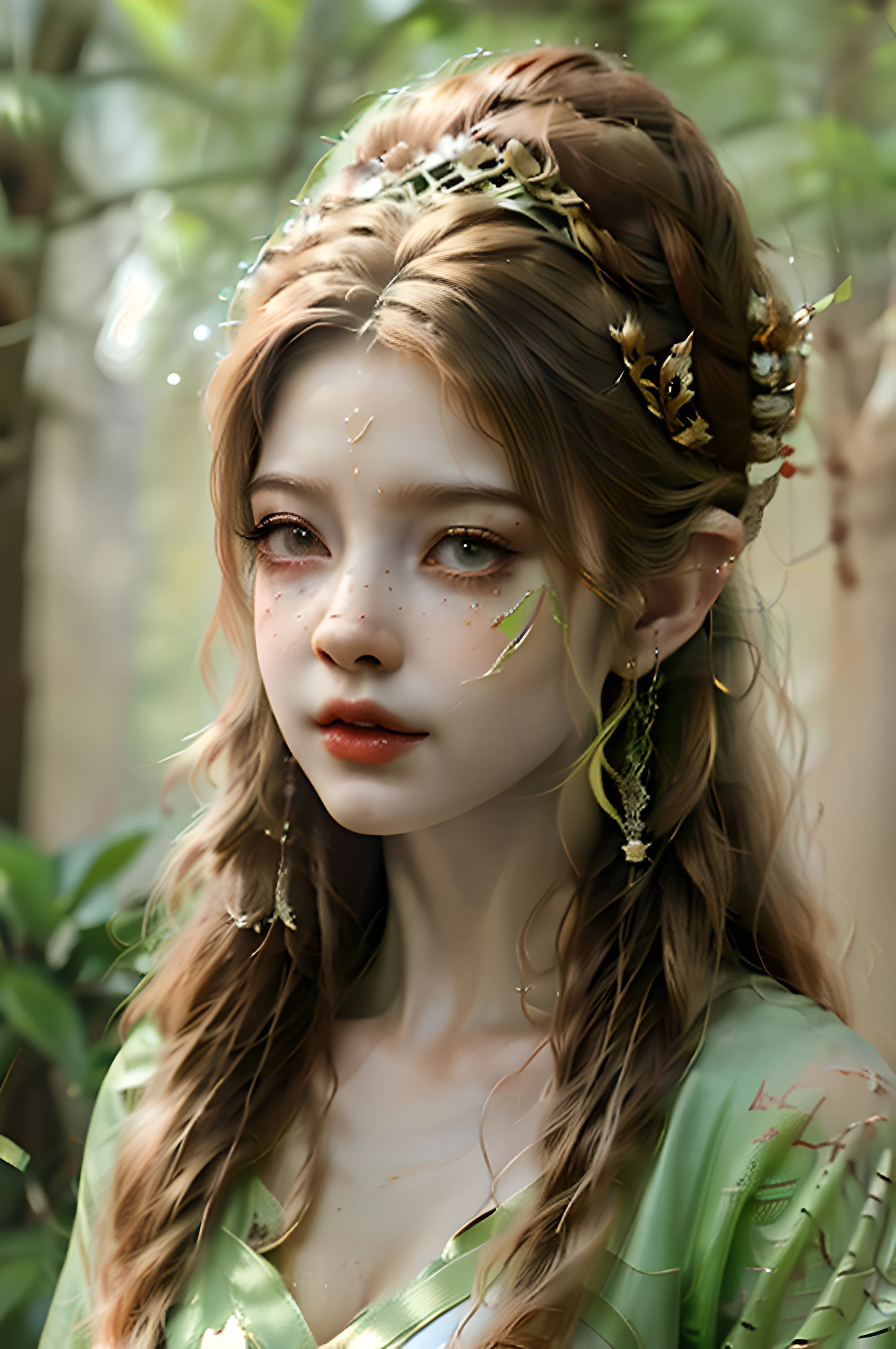 Ultra-detailed 8k image of a clearly female forest gnome, brimming with natural allure. Her unkempt hair, streaked with shades of green and brown, is adorned with the treasures of the forest. A large mushroom hat, symbolic of her forest gnome lineage, crowns her head. Her captivating pale yellow-green eyes reflect her innate curiosity. The scene, set in a dark fantasy woodland, is rendered with cinematic depth and detail. Hyper Realistic