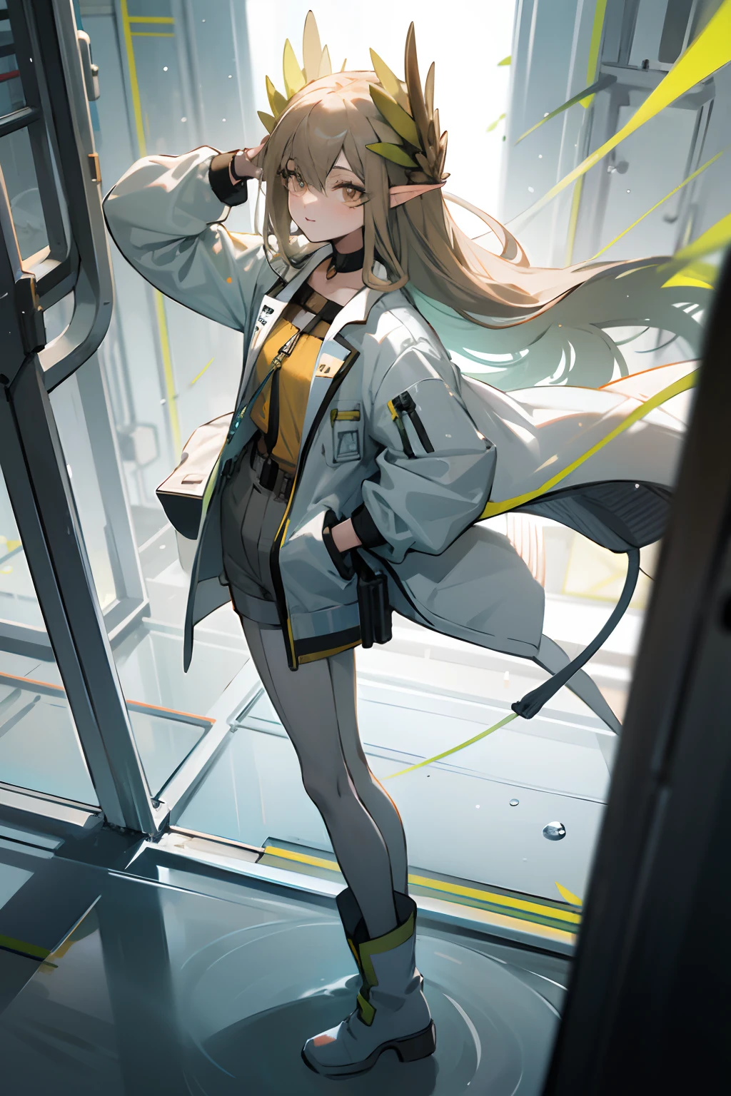 Bright colors,illumination,A girl stands in the lab,looking toward the viewer,White knee-length stockings,Open-chest sweater,shorter pants