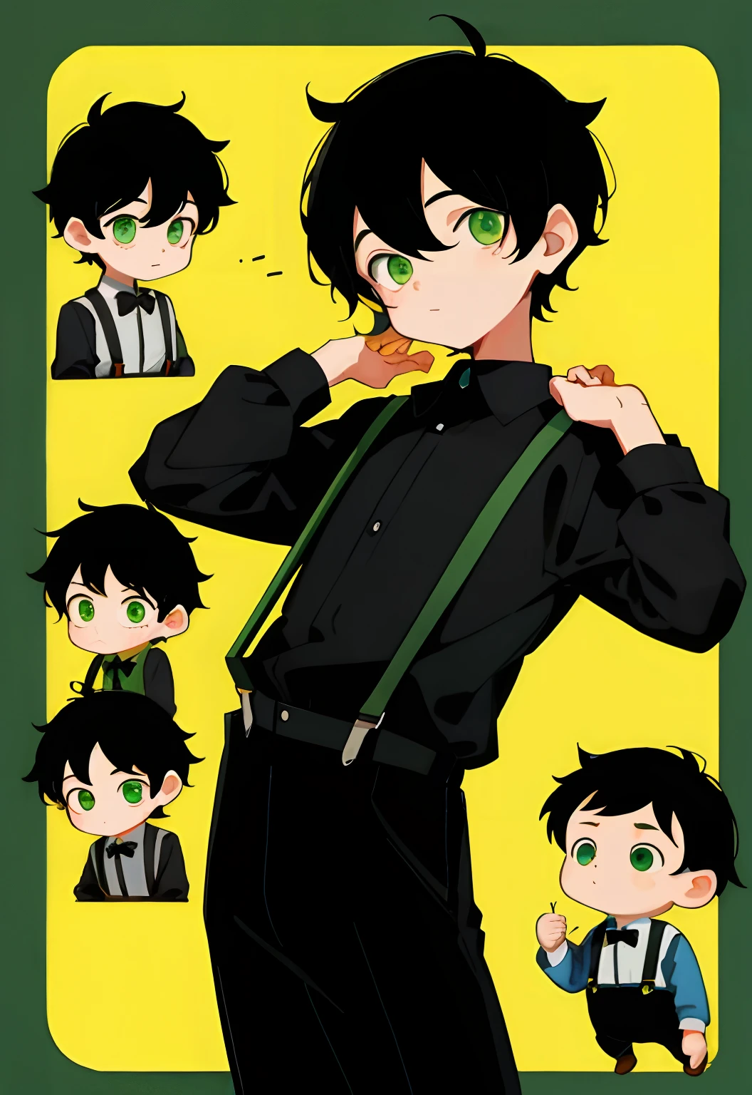 younge boy,multiple postures and expressions,Children's book illustration style,، simple,adolable,full-color,Black suspenders,Black color hair,Green eyes,flatcolors,