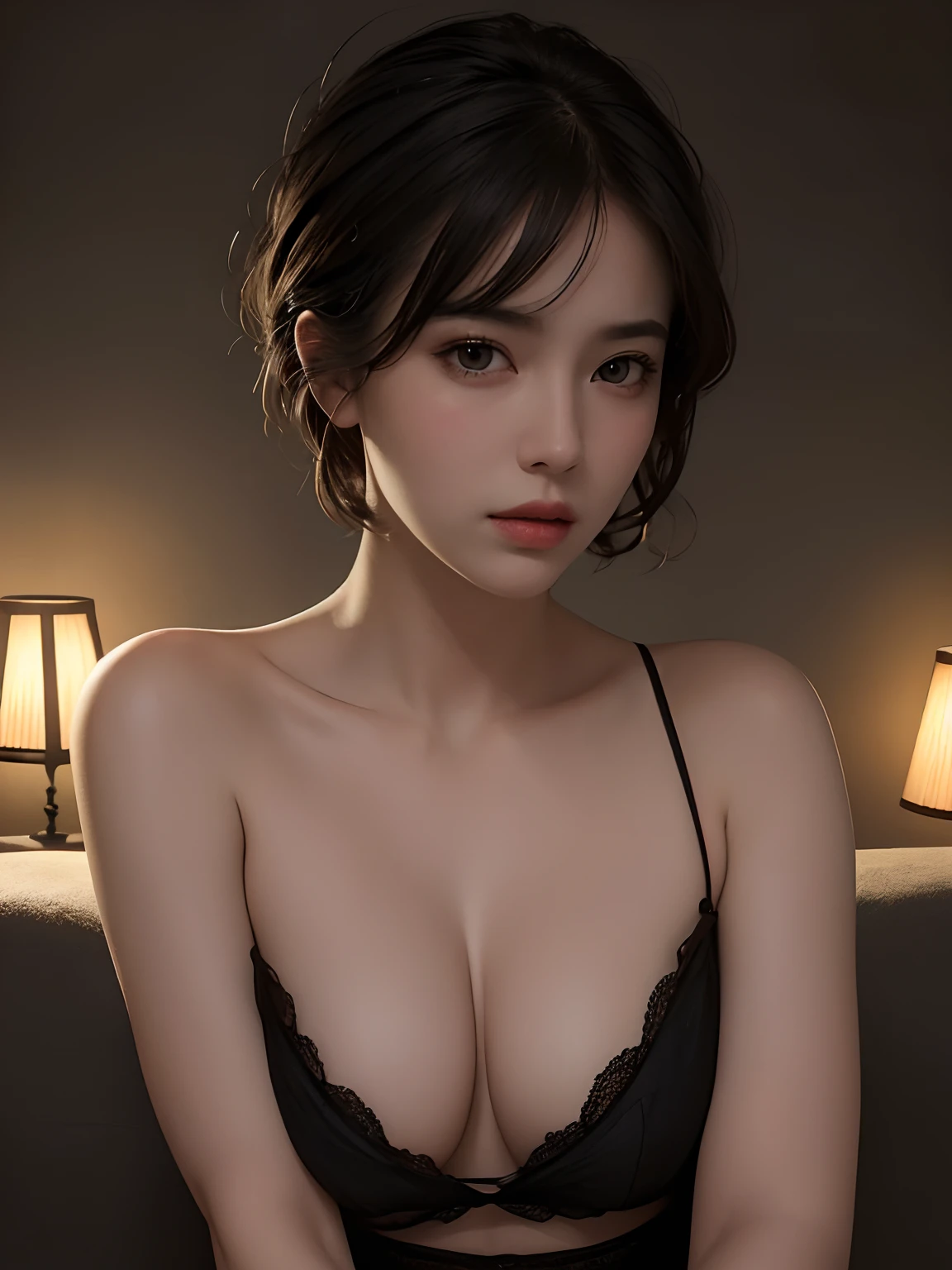 Best quality, masterpiece, ultra high res, (photorealistic:1.5), raw photo, 1girl, offshoulder, in the dark, deep shadow, low key, cold light, sexy look, short hair