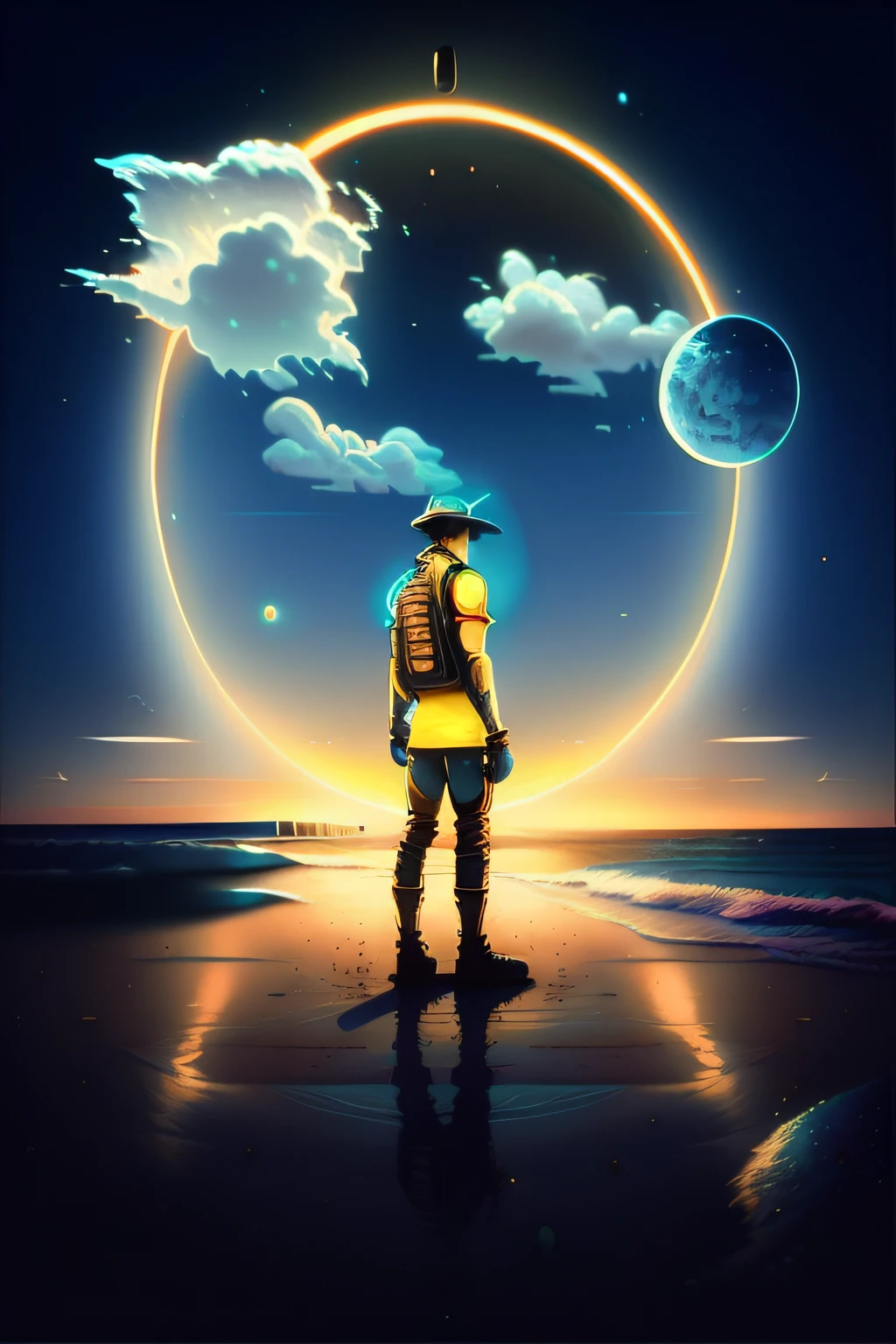 arafed image of a person standing on a beach with a circle in the sky, realism | beeple, profile pic, photomanipulation, beeple style, beeple. hyperrealism, collage style joseba elorza, lense flares, in front of a big moon, recusion beeple, futuristic yellow lens