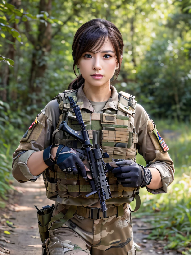 ((​masterpiece、ultra fine photos、top-quality、超A high resolution、Photorealsitic、foco nítido、(bustshot、Focus from the chest up、Beautiful Female Soldier、30-year-old woman with)))、delicated face、((fair white skin、blue eyess、Blonde Shorthair))、military hat、Army camouflage uniform、Camouflage Tactical Vest、Camouflage long trousers、Black combat gloves、rucksack、Black Military Undershirt、Detailed face and chest depiction、Detailed hand depiction、combat pose、combat pose、Dynamic action、in woods、White smoke、watching at viewers