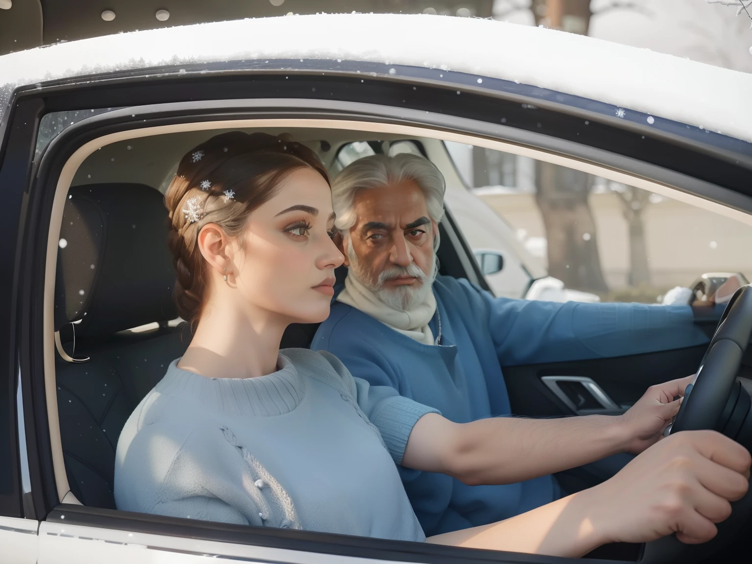 year: 2023. Location: Sweden. Pre-Raphaelite scene with ((front of car)), persian 30-year-old woman driving, and a 59-year-old man in the passenger seat, ((scared looks)), ((((winter Clothing from the 2020s)))) ((Hairstyle of the 2020s)), ((("OMITB" cinematography)))