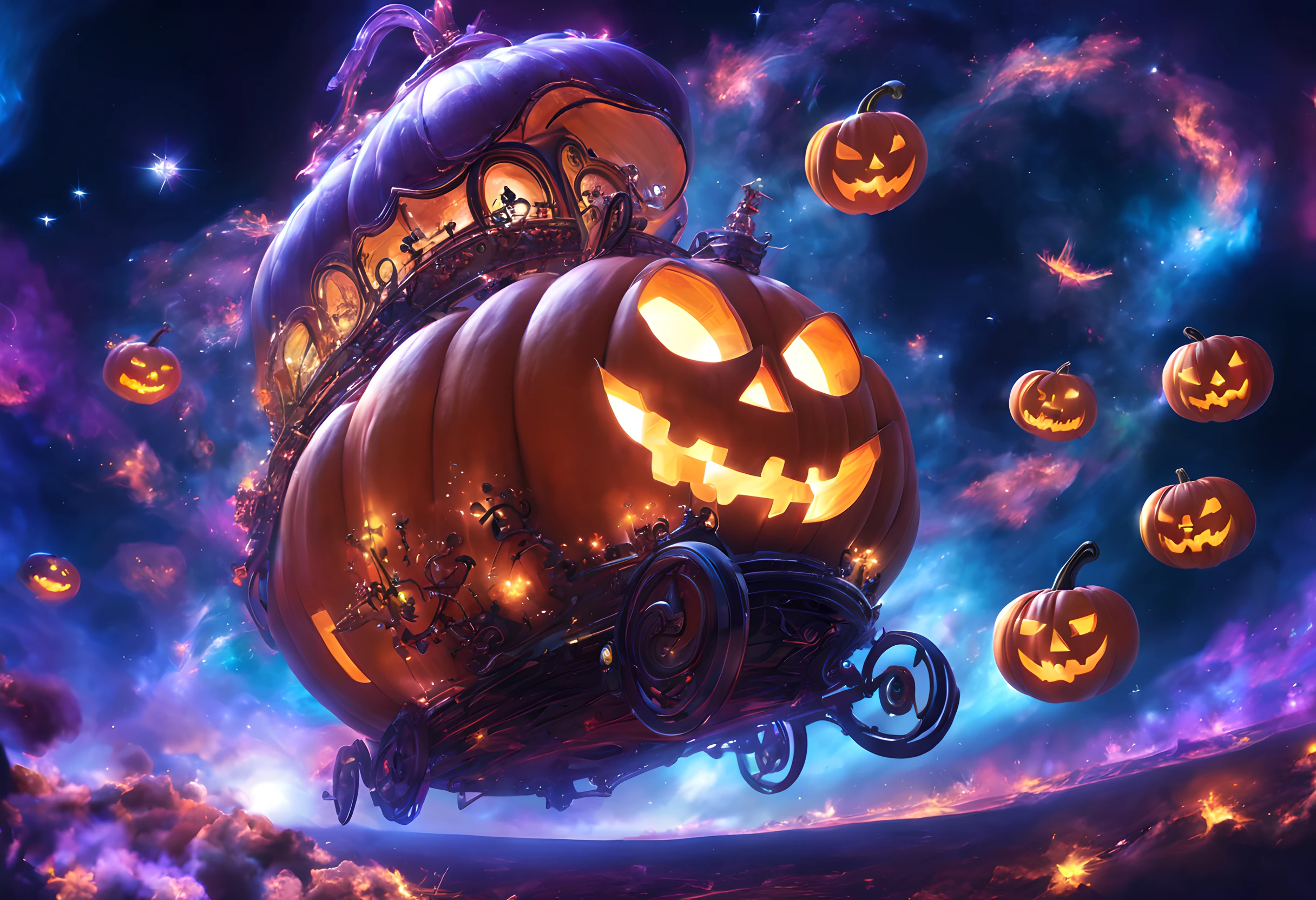 Pumpkin carriage、Pumpkin carriage in a sci-fi world、Spaceship in the shape of a pumpkin carriage、Pumpkin carriage moving through space、cosmic space、Warp Navigation、long exposure time、