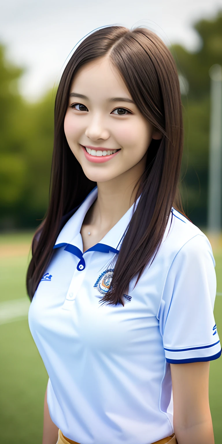 neat college girl, petite, (school uniform, summer clothes, short sleeves), outside the athletic field, (slim), photorealistic, detail, skin texture, ultra detail, delicate and sexy collarbone, smile, super detailed face, detailed lips, detailed eyes, breast emphasis