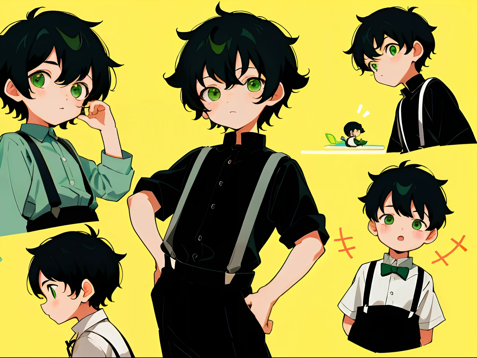 younge boy,multiple postures and expressions,Children's book illustration style,، simple,adolable,full-color,Black suspenders,Black color hair,Green eyes,flatcolors,