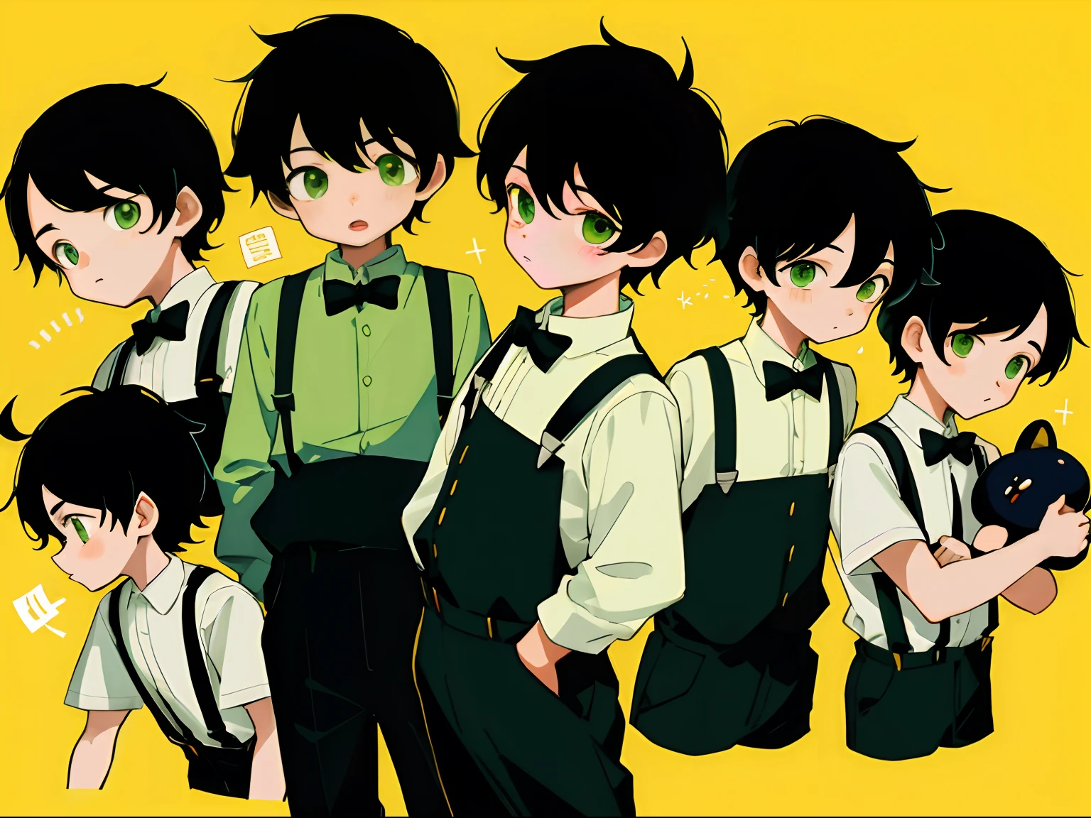 younge boy,multiple postures and expressions,Children's book illustration style,، simple,adolable,full-color,Black suspenders,Black color hair,Green eyes,flatcolors,