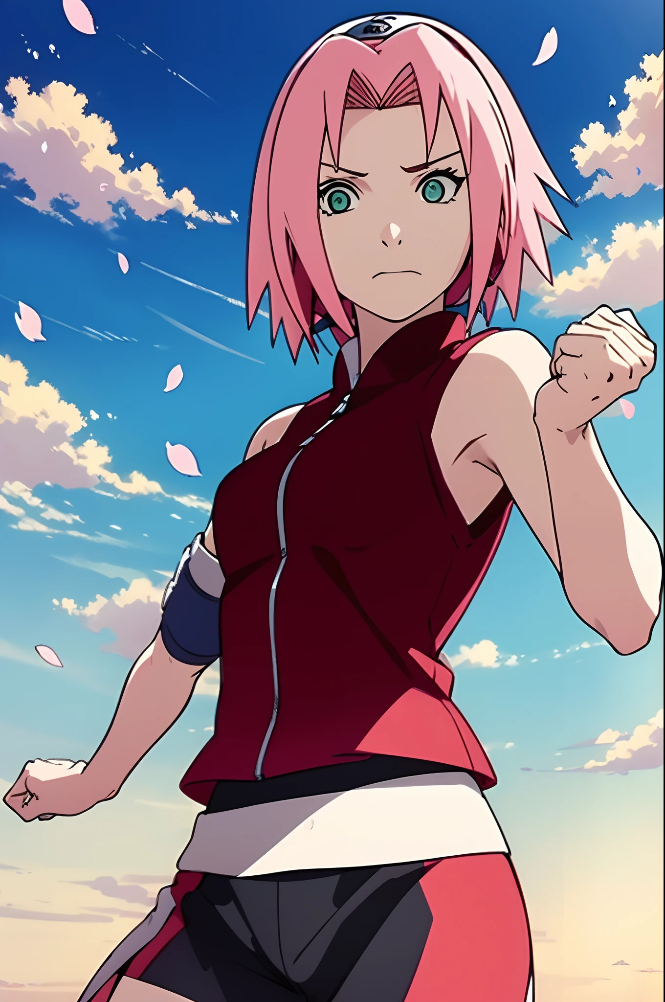 haruno sakura, naruto \(series\), naruto shippuuden, anime art style, masterpiece, 

looking at viewer, upper body, 

fighting pose, clenched hands, closed hands, contracted fingers, arm stretched out, raised fist, about to punch, detailed fist,  focus fist,

red shirt, shirt, short hair, sleeveless, sleeveless shirt, forehead protector, hairband, konohagakure symbol on hairband, 

1girl, solo, bangs, breasts, closed mouth, elbow sleeve, eyes visible through hair, floating hair, foreshortening, green eyes, hair intakes, parted bangs, pink hair, small breasts, v-shaped eyebrows, detailed background, outdoor, cherry blossoms, sky, cloud, wind, day, sunlight,