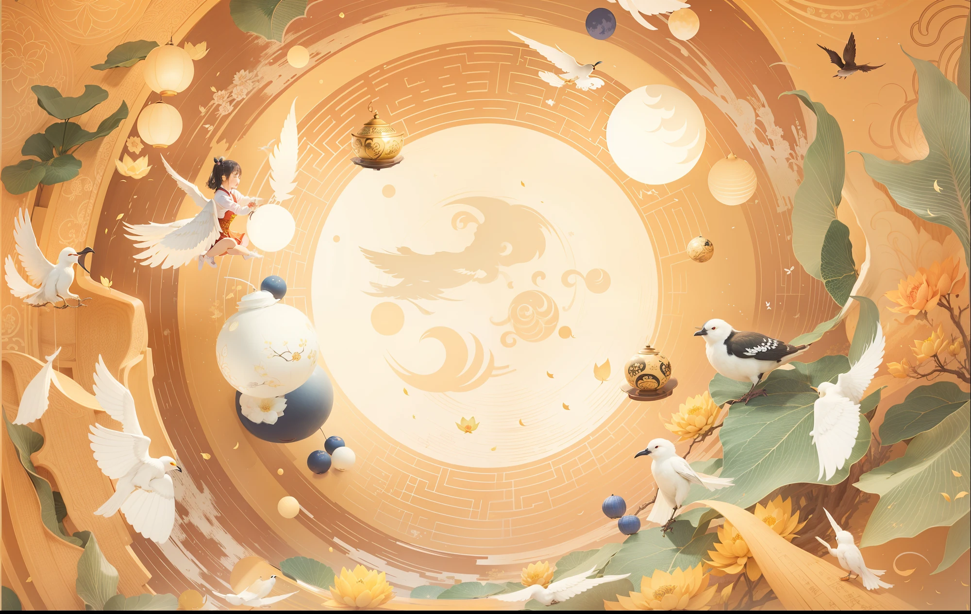 Mid-Autumn Festival moonlight, Han style lotus, Auspicious Yunhe hand-drawn,sweet osmanthus,Birds flying in the sky