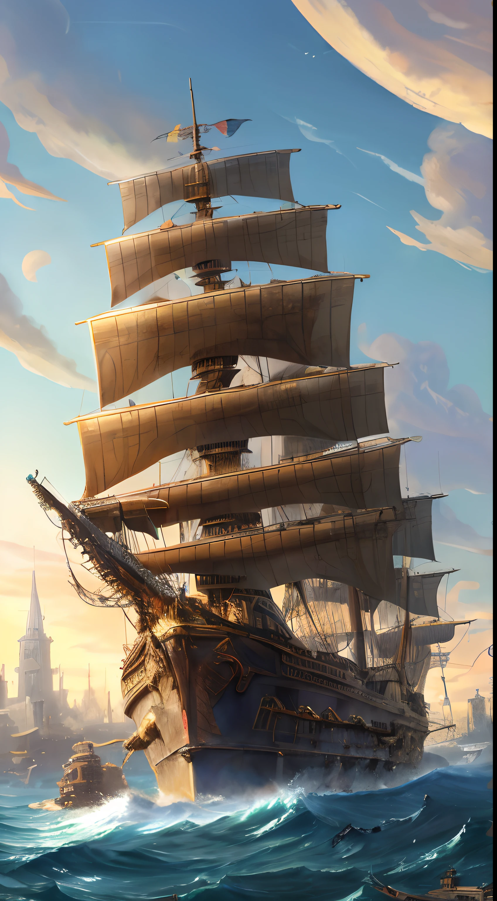 A work of art of an old ship surrounded by many buildings, In a captivating realm style, Mechanized form, Anime core, Dynamic structure, jungle core, Deep gold and sky blue, Exaggerated features