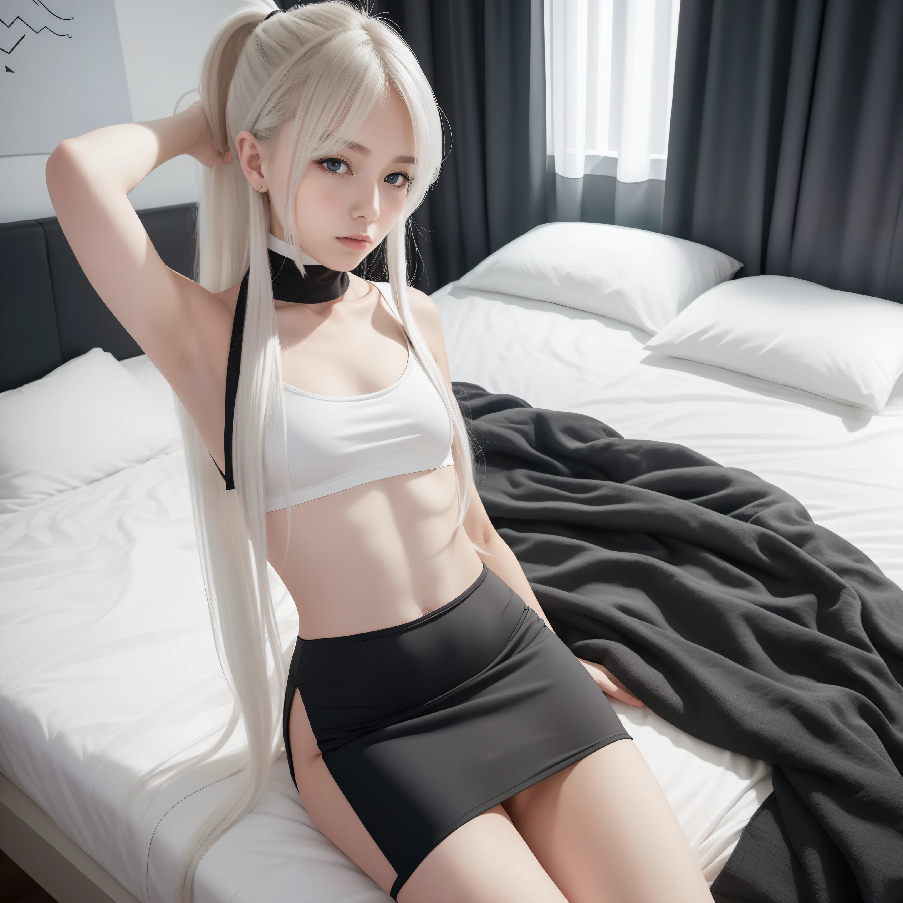 White-only base, Black and gray(Futuristic Nordic city),White Wall Hotel Bed,20 years girl,masutepiece , Best Quality,The best illustrations(Soft texture),Nahida(GenshinImpact) ,very slender body,tiny chest,Skinny Legs,Long hair ,Side Ponytail, Hair Ornament ,Street,White hair , White hair , hand behind head:1.5,multicolored hair, elf ,Skinny Legs,smil,Tsundere,toppless,Sleep in bed