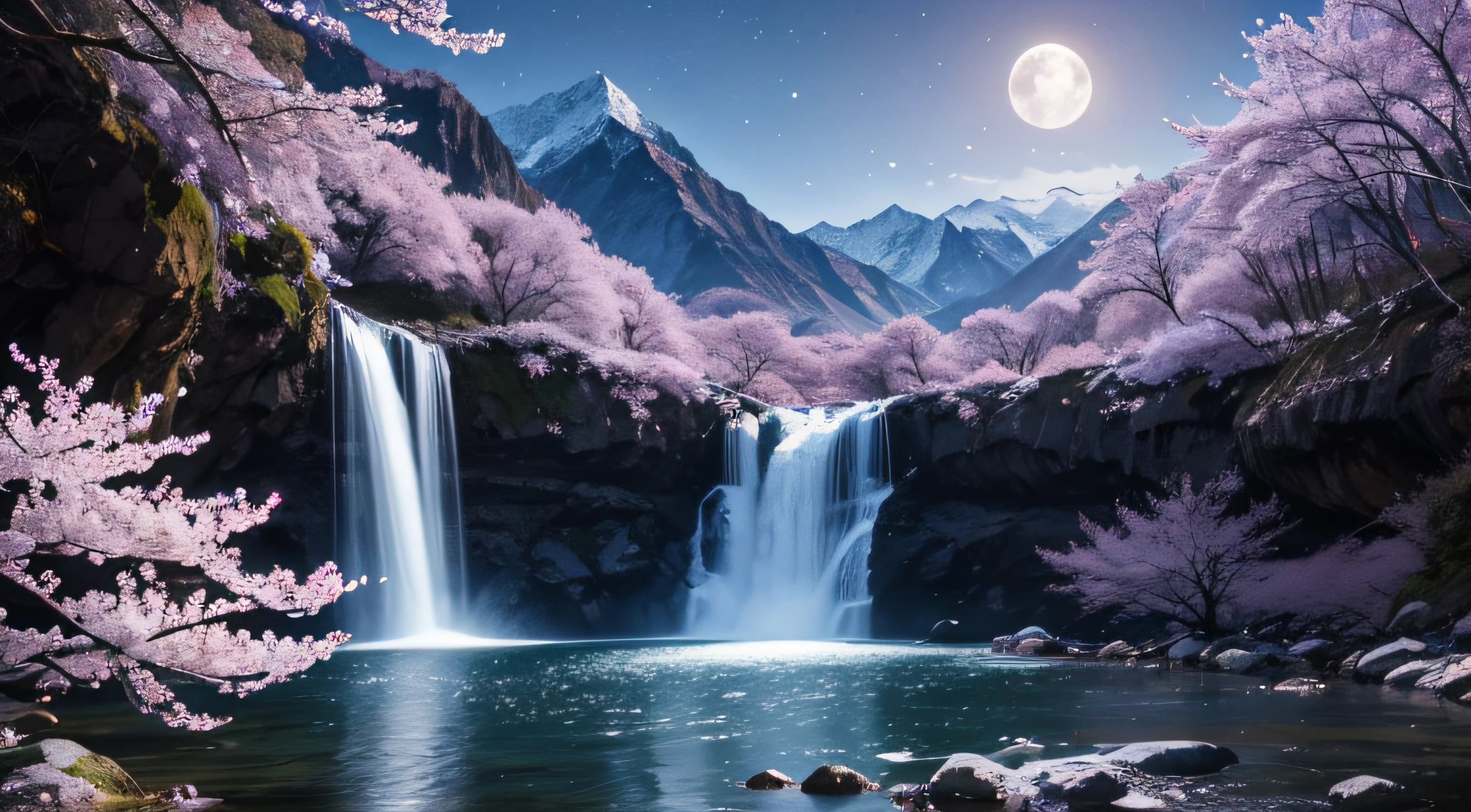 Lonely standing cherry blossom in the mountains near waterfall under the light of the silvery moon