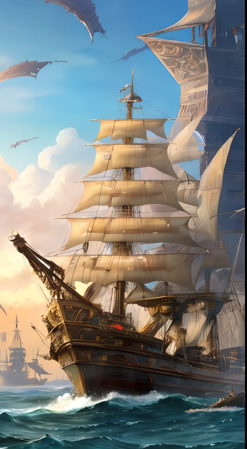 A work of art of an old ship surrounded by many buildings, In a captivating realm style, Mechanized form, Anime core, Dynamic structure, jungle core, Deep gold and sky blue, Exaggerated features