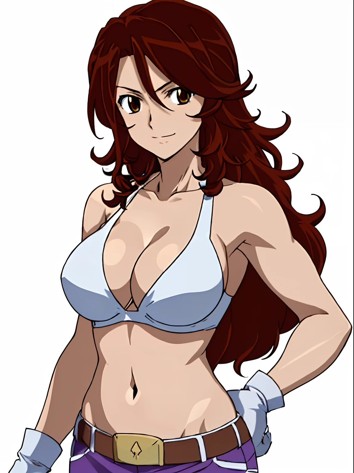 Fighter, Karate stance, ((solo)), Best Quality, hires, curvy midsection, (tilt head, defined weak muscles, detailed muscles), smile, happy), upper body only, anime style: 1.8, anime drawing, ultra detailed face, ultra detailed body, 4k, Sumergai Lee Noriega, (standing), best quality, anime style, hires, highest definition, digital blending, bold drawing lines, (((White Background))), ( (defined muscles), long attractive belly, slim body, ((strong arm muscles)), broad shoulders , off-shoulders, closed fists, (slutty bra, shorts, white gloves, , arm band, (champion belt))), (large breasts, defined cleavage, closed mouth, sexy navel, shiny skin), (big eyes, brown eyes, shiny eyes), (reddish hair, loose hair, curly hair, wavy hair, long hair, floating hair)