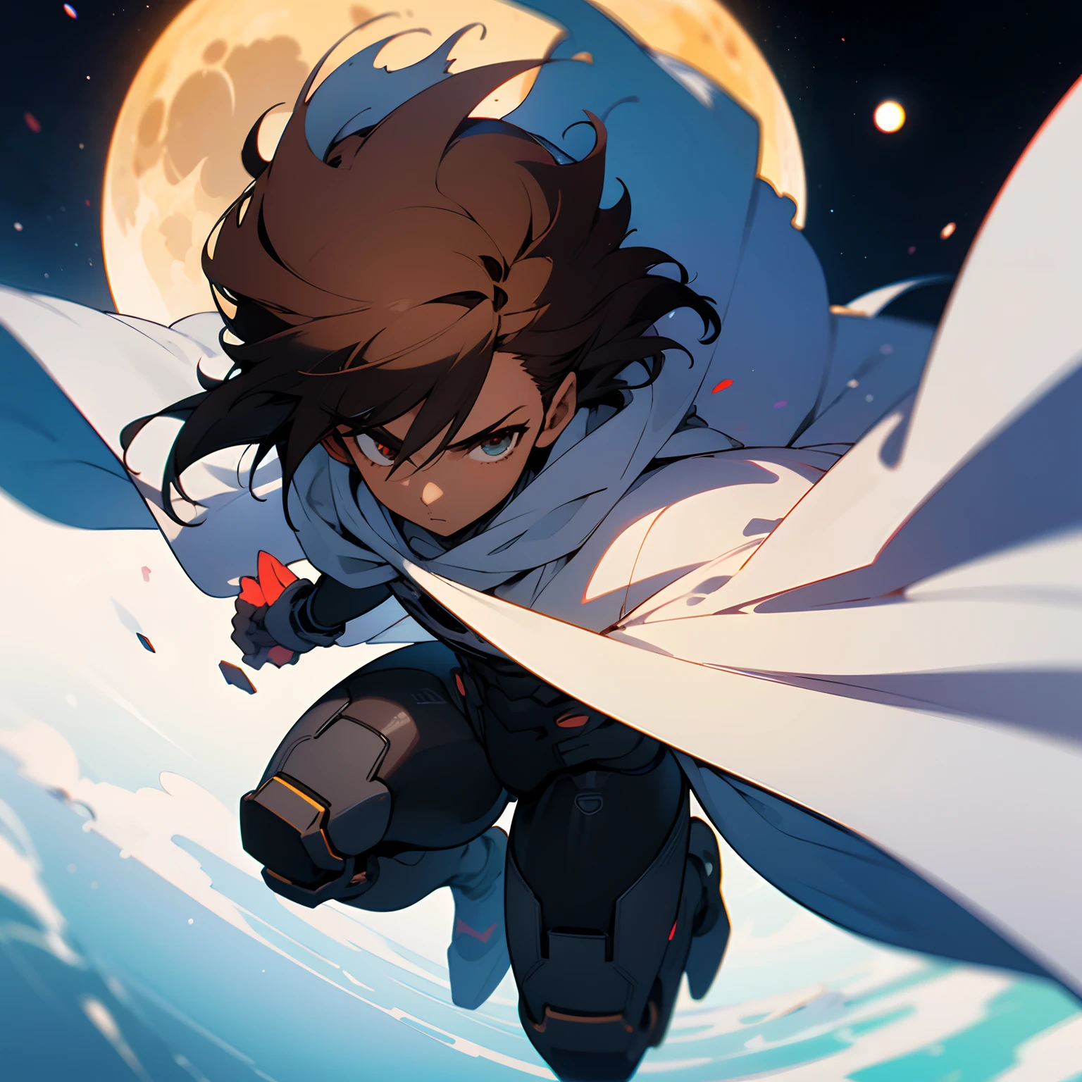 Masterpiece, highres, High quality, Dark skin teen, male, slightly buff, medium dark brown hair hair, big innocent sliver eye's, wearing a black full body exosuit, six  white long torn scarf, hooded white cloaks, floating on the moon,  floating, looking at planet earth, White wrist guards, dramatic shot, close up|portrait