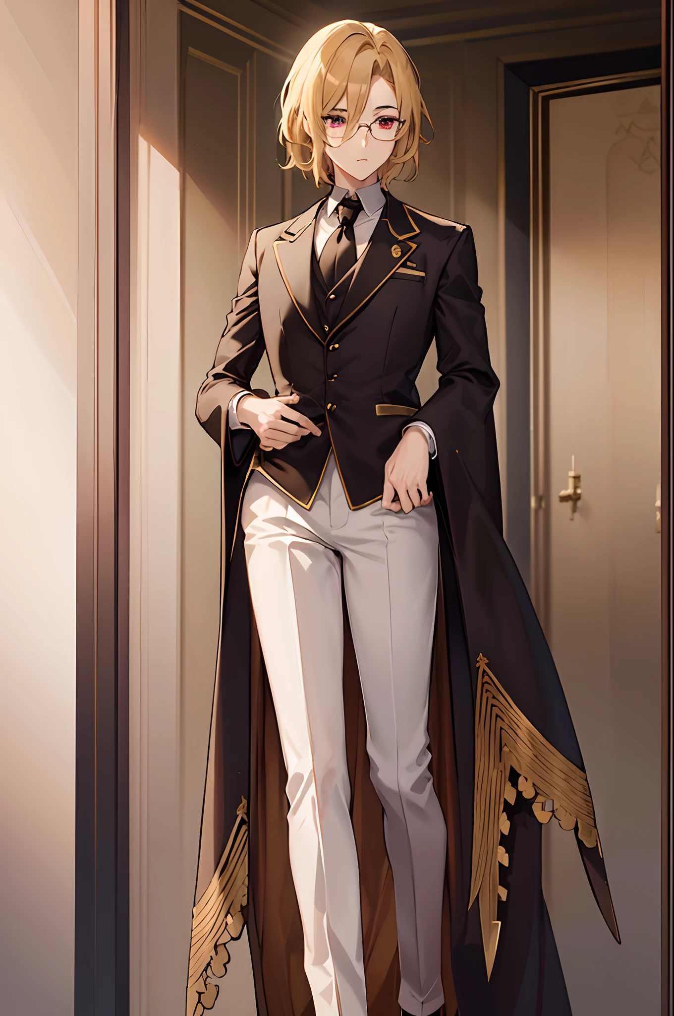 animesque、top-quality、Standing picture、Soio、Whole human body、Handsome and beautiful man、deacon、shiny detailed golden short hair,、Black tailcoat with noble and detailed design、Wearing intelligent and good-looking glasses、Elegant、Detailed cartoon-like red eyes、Beautiful eyebrows、elegent、Luxury、glamor