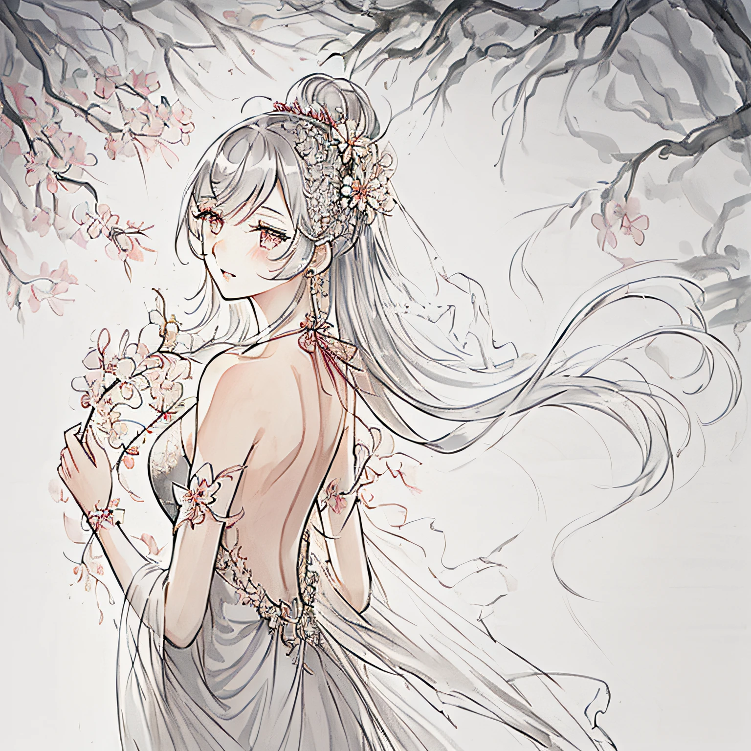 (((masterpiece))),(((best quality))),((ultra-detailed)), ((illustration)),floating, ((an extremely delicate and beautiful)),(beautiful detailed eyes),((disheveled hair)), (painting),(sketch), 1girl, small_breasts,((neck)),(((back))),(looking back), blush,dhalter dress, sliver hair,backless dress