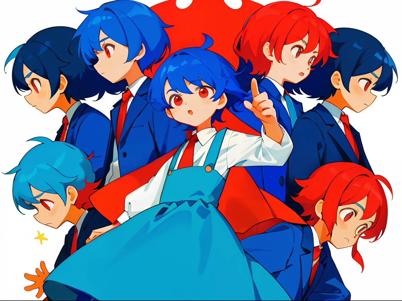 younge boy，multiple postures and expressions，Children's book illustration style，، simple，adolable，full-color，White and blue dress，Red color hair，Red eyes，flatcolors，