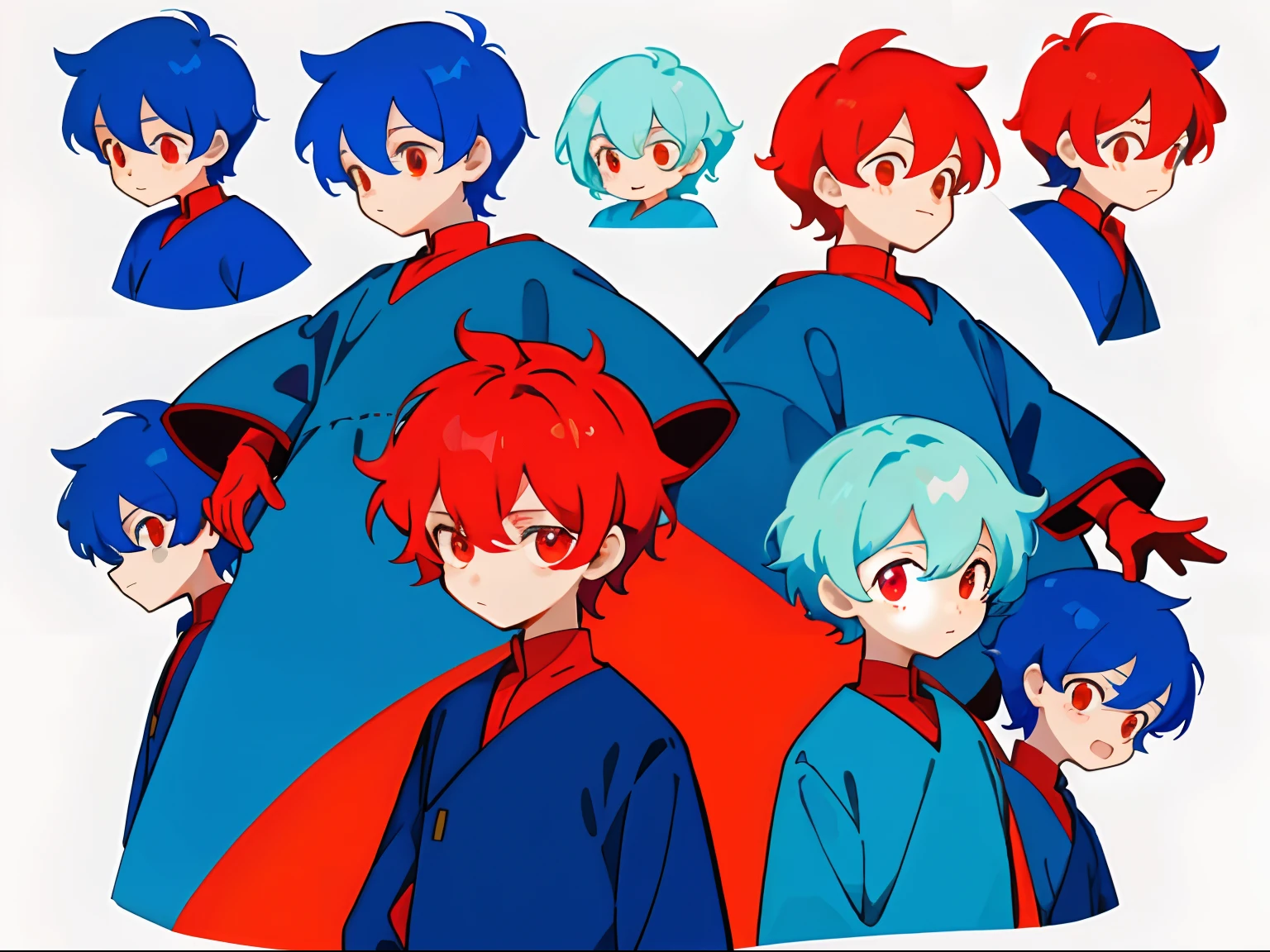 younge boy，multiple postures and expressions，Children's book illustration style，، simple，adolable，full-color，White and blue dress，Red color hair，Red eyes，flatcolors，