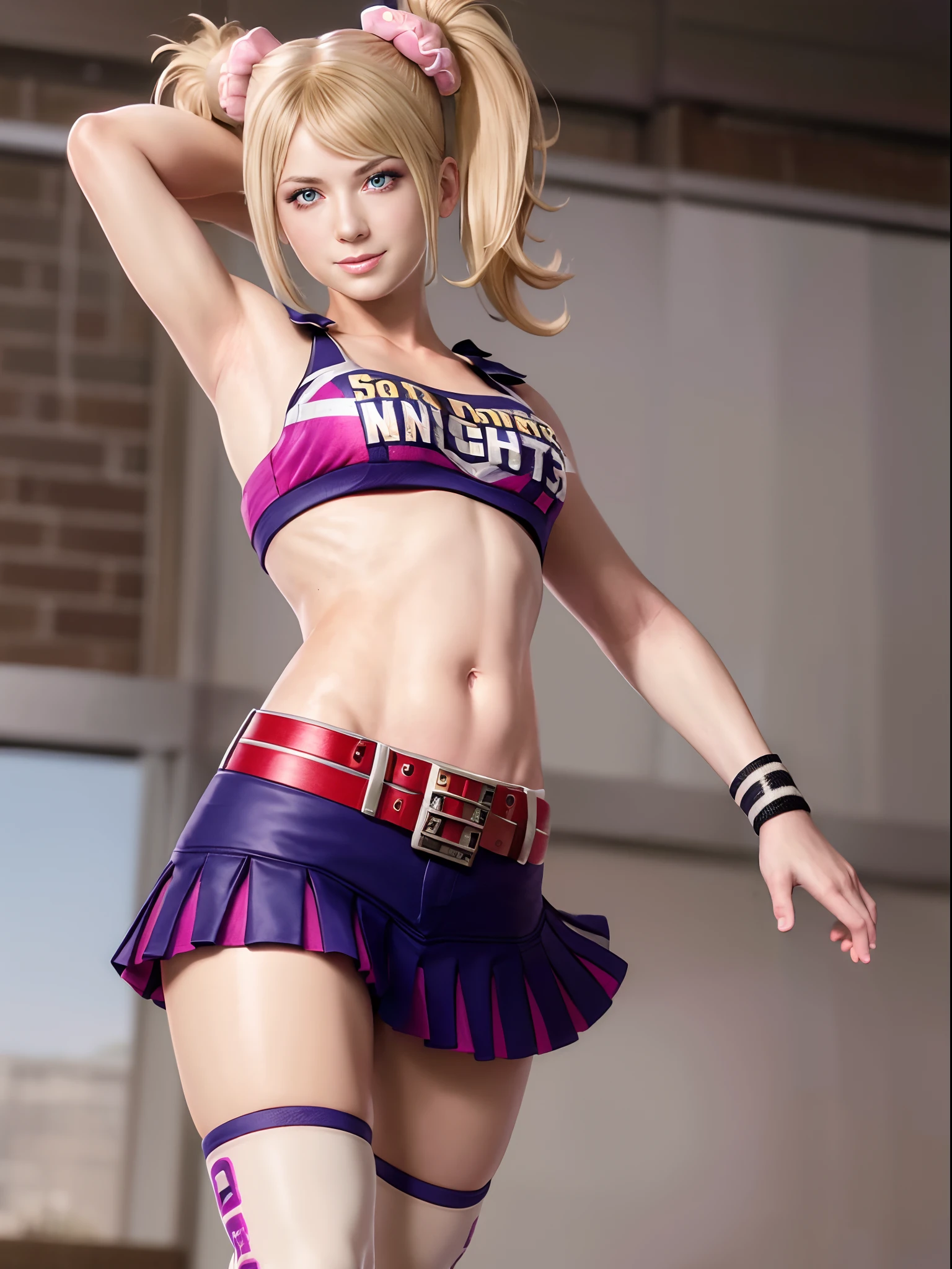 1female, solo, juliet starling, blonde hair, twintails, midriff, clothes writing, cheerleader, wristband, thighhighs, skirt, crop top, belt, standing, school yard, best quality, masterpiece, ultra-detailed, smile