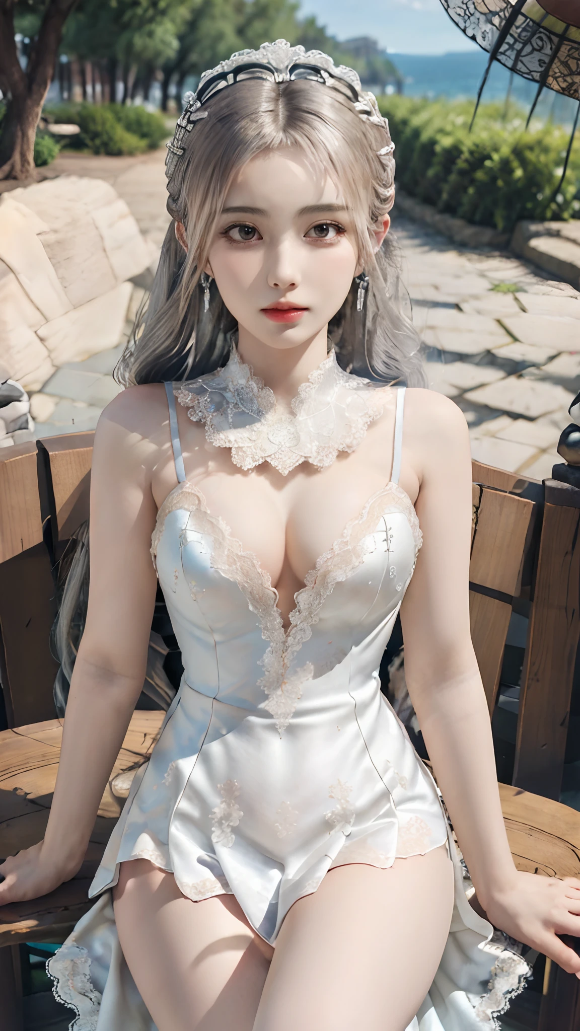 official art, unity 8k wallpaper, ultra detailed, beautiful and aesthetic, High quality, beautiful, masterpiece, best quality, 1 queen, small bust, (round bust:1.5) , (Long hair:1.5) , (zentangle, mandala, tangle, entangle:0.6) , (beautiful dress:1.2) , (silver Lace:1.2) , (bare waist:1) , (thigh high:1.2) , (closed up:1.2) , sitting poses,