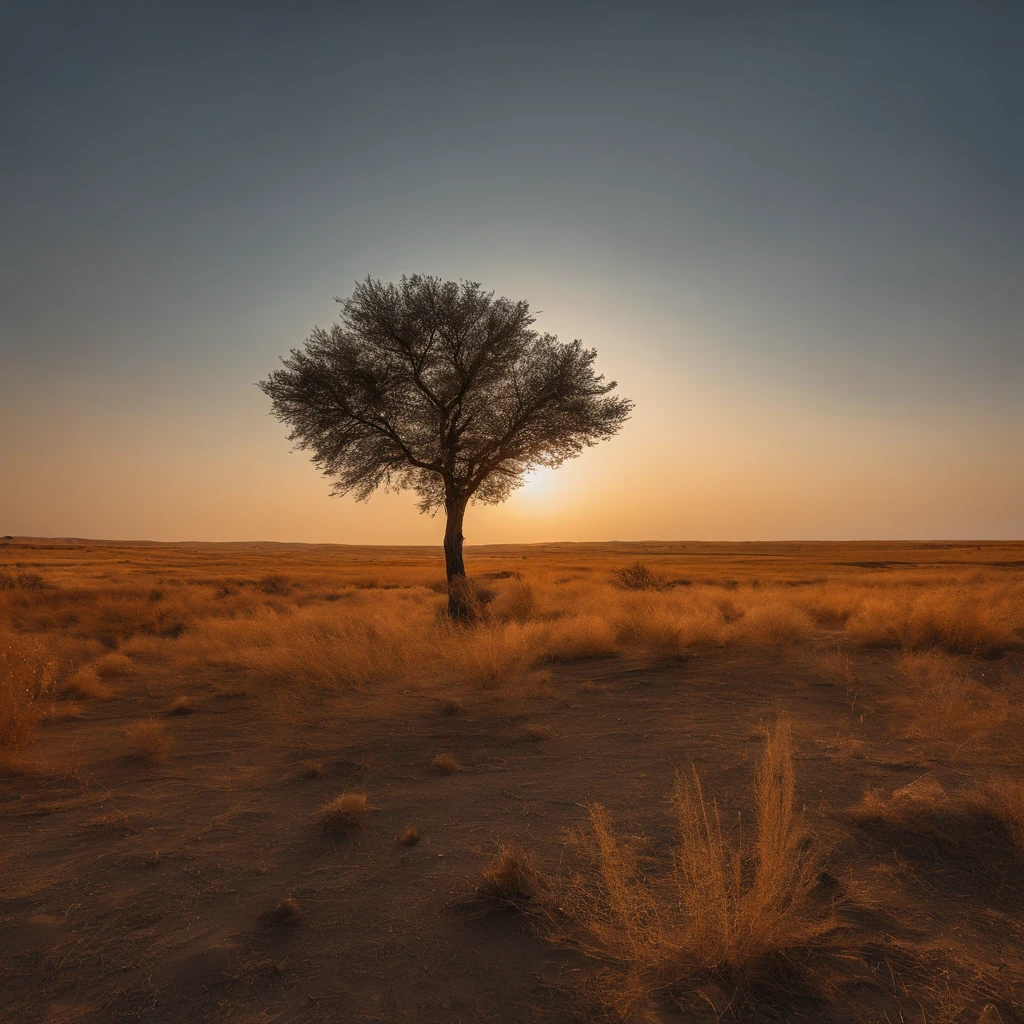 head portrait，Cloudless sky，Small tree（Small range），Empty steppe