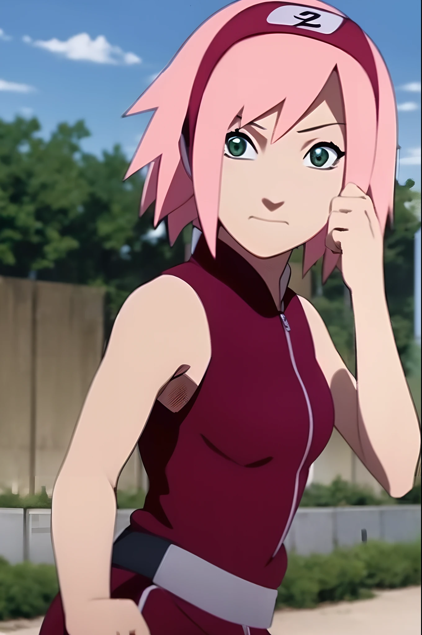 haruno sakura, naruto \(series\), naruto shippuuden, anime art style, masterpiece, 

looking at viewer, upper body, 

fighting pose, clenched hands, closed hands, contracted fingers, arm stretched out, raised fist, about to punch, detailed fist,  focus fist,

red shirt, shirt, short hair, sleeveless, sleeveless shirt, forehead protector, hairband, konohagakure symbol on hairband, 

1girl, solo, bangs, breasts, closed mouth, elbow sleeve, eyes visible through hair, floating hair, foreshortening, green eyes, hair intakes, parted bangs, pink hair, small breasts, v-shaped eyebrows, detailed background, outdoor, cherry blossoms, sky, cloud, wind, day, sunlight,