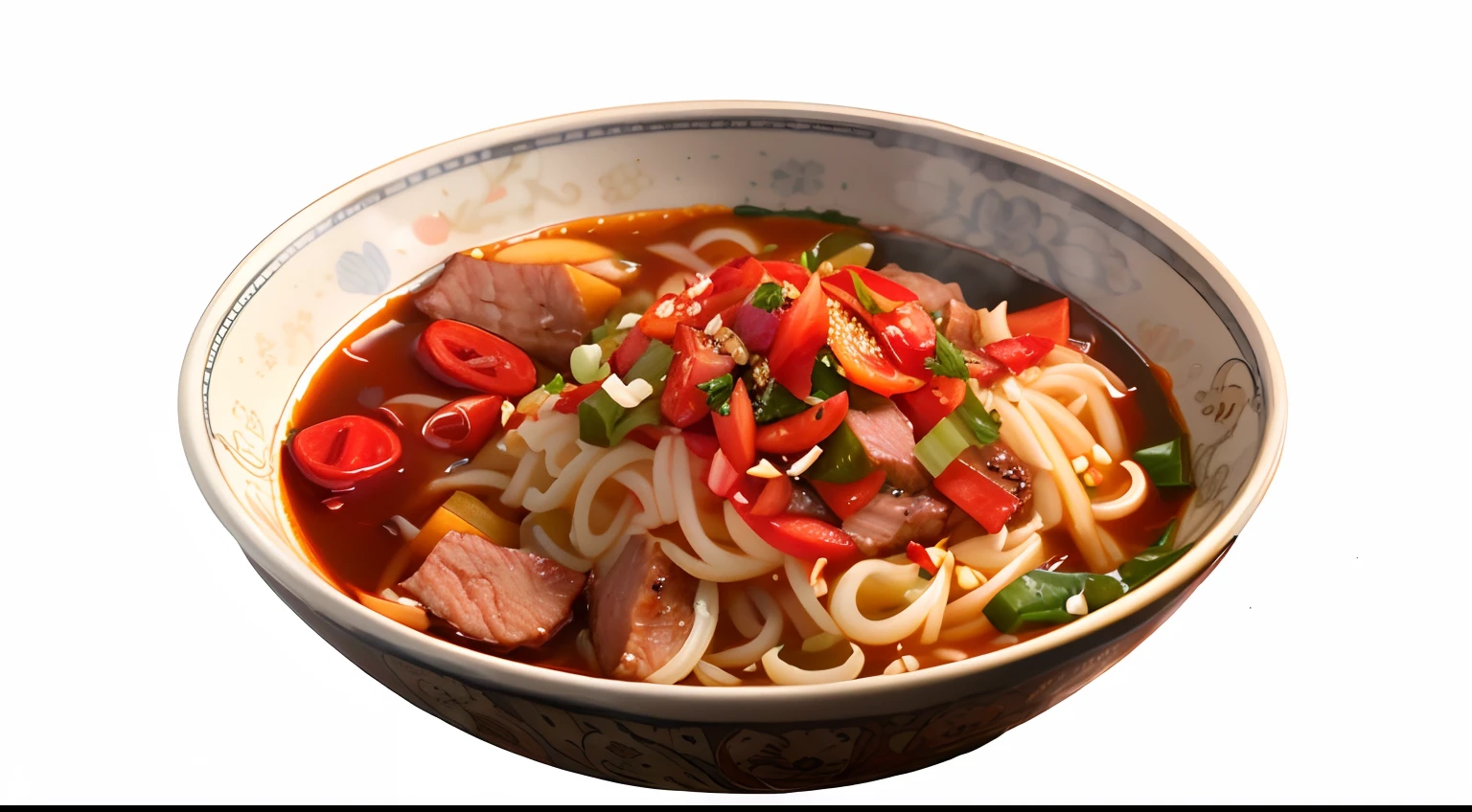 Araki bowl noodles with meat and vegetables,coriander,Serve with red sauce, sichuan, in style of pan ren wei, aokamei, delicacy, daoshu, inspired by Wang Mian, detailled image, Ramen, style of guo hua, hua cheng