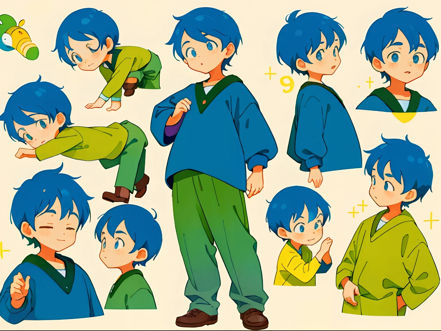 younge boy，multiple postures and expressions，Children's book illustration style，، simple，adolable，full-color，Random hair color，flatcolors，